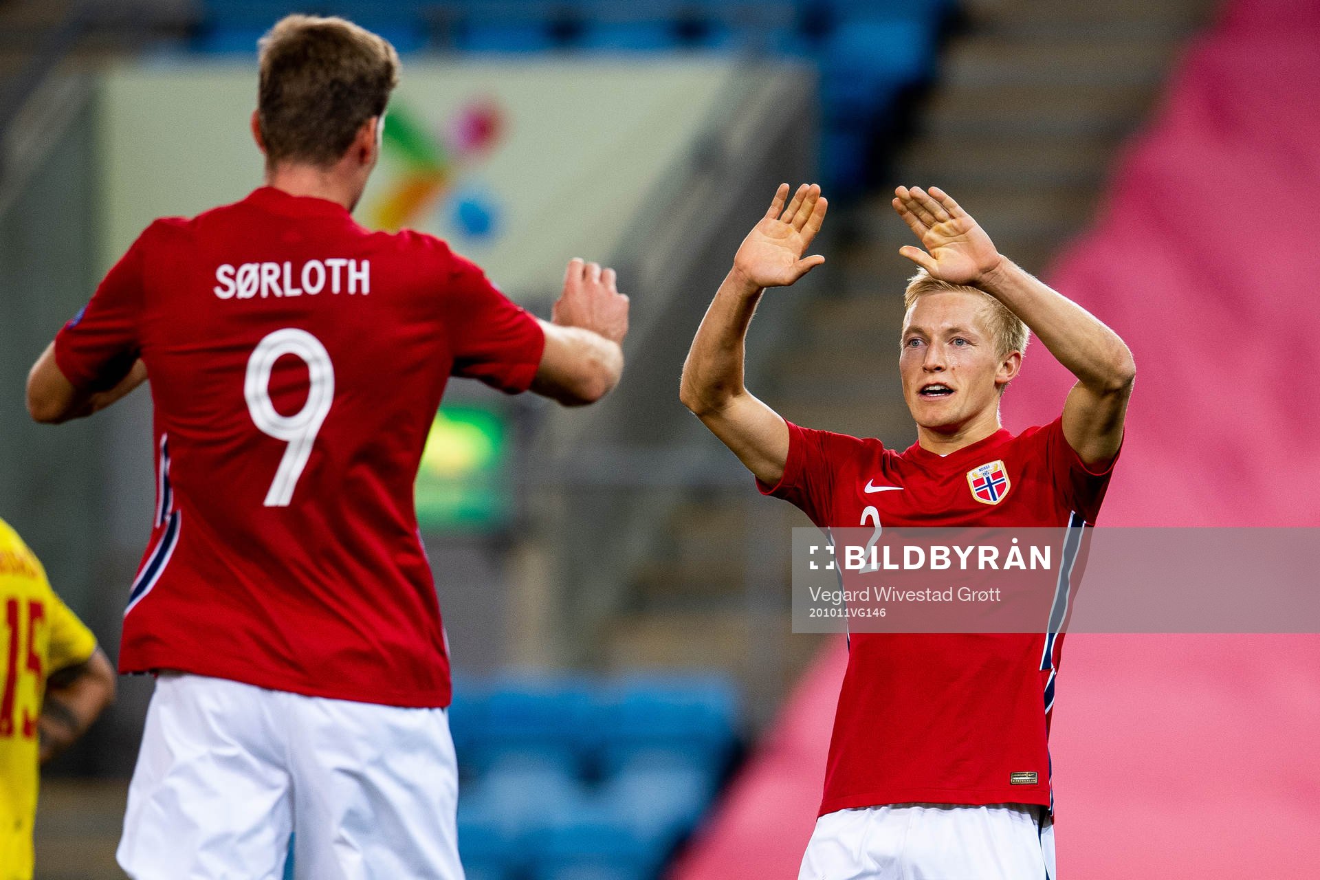 Alexander Sørloth of Norway celebrates with teammate