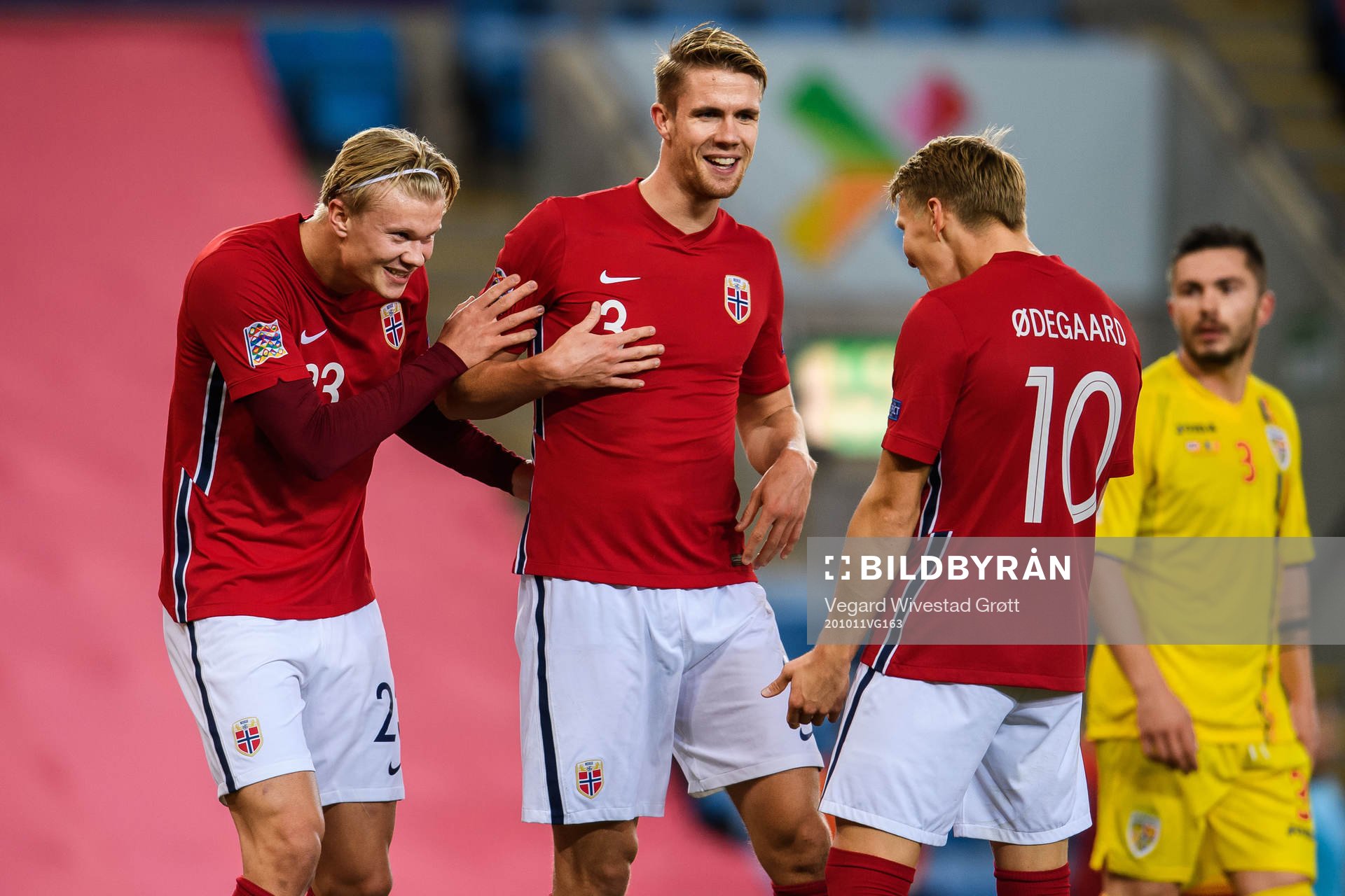 Erling Braut Haaland celebrate with Martin Ødegaard and Kristoffer Ajer of Norway after the 3-0 goal during the UEFA Nations League football match between Norway and Romania on October 11, 2020 in Oslo.