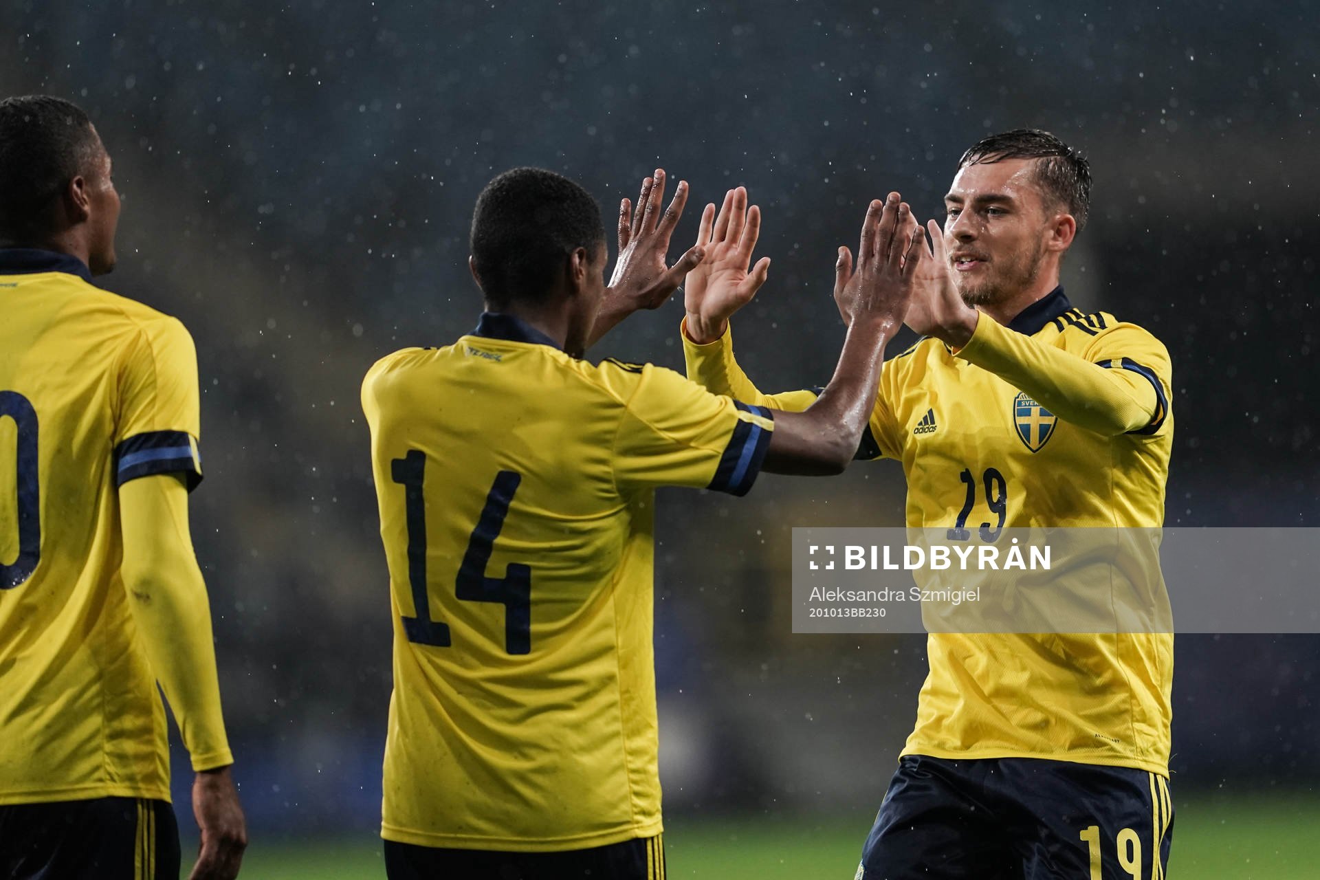 Paulos Abraham and Felix Hörberg of Sweden celebrate the 9-0 goal during of the UEFA Under-21 Qualifier football match between Sweden and Armenia on October 13, 2020 in Lublin.