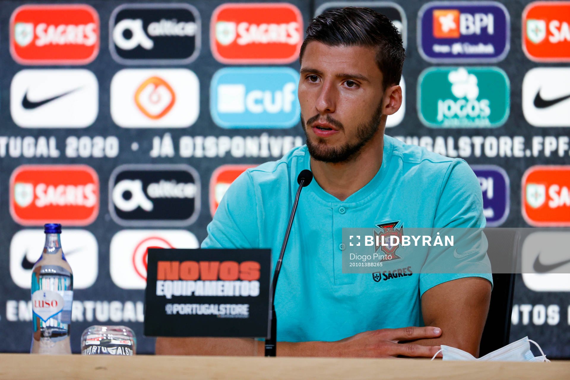 In this handout photo from the Portuguese football association, Ruben Dias of the Portuguese national football team attends a press conference on October 13, 2020 in Lisbon.