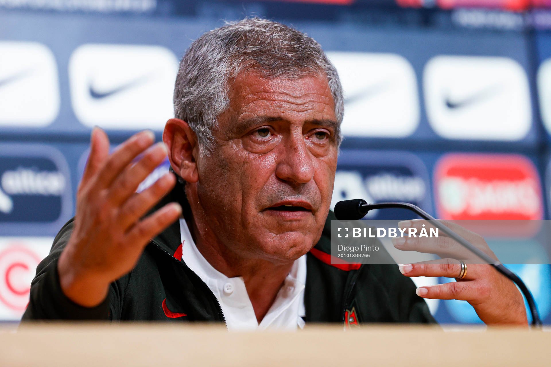 In this handout photo from the Portuguese football association, Head coach Fernando Santos of the Portuguese national football team attends a press conference on October 13, 2020 in Lisbon.