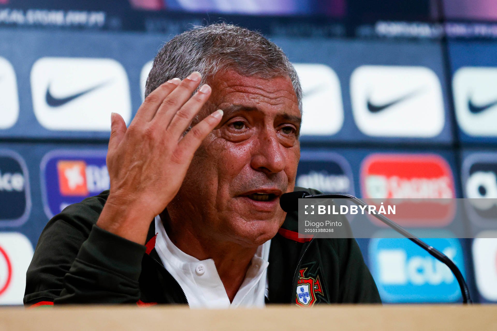 In this handout photo from the Portuguese football association, Head coach Fernando Santos of the Portuguese national football team attends a press conference on October 13, 2020 in Lisbon.