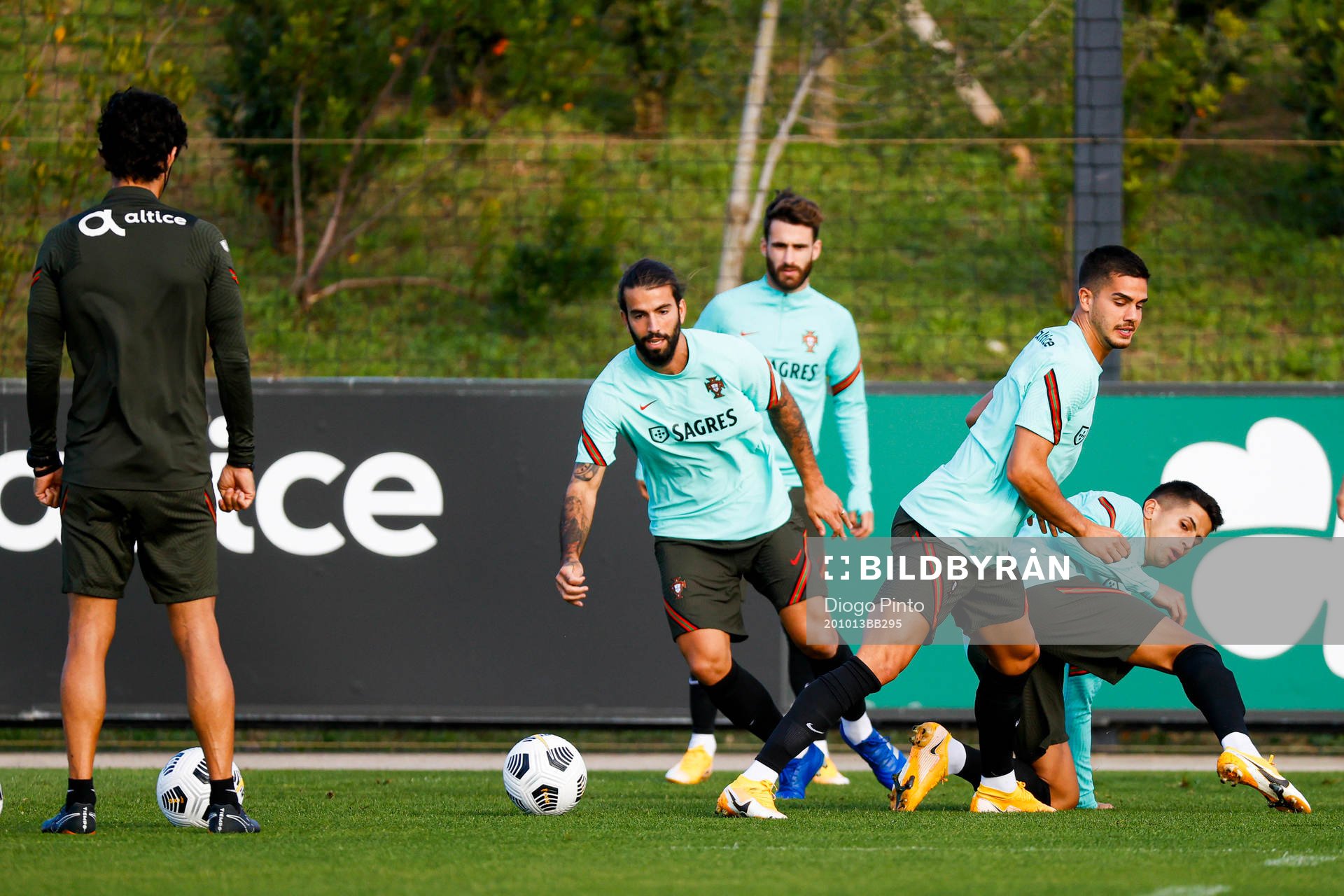 In this handout photo from the Portuguese football association, players of the Portuguese national football team during a training session on October 13, 2020 in Lisbon.