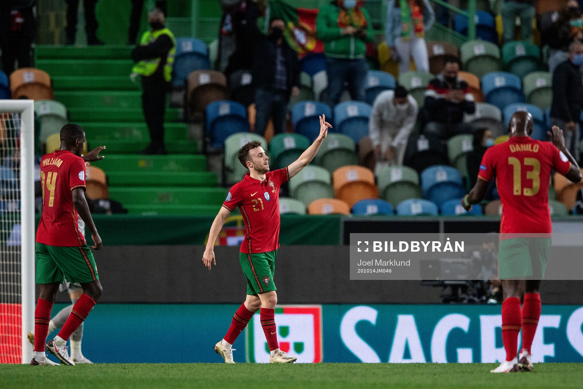 Diogo Jota of Portugal celebrates after scoring 2-0 during the Nations League football match between Portugal and Sweden on October 14, 2020 in Lisbon.
