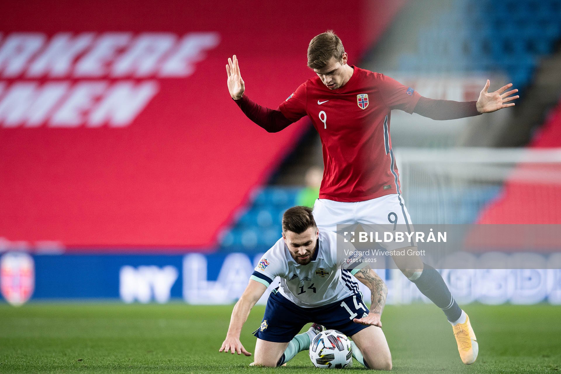 Stuart Dallas of Northern Ireland and Alexander Sørloth of