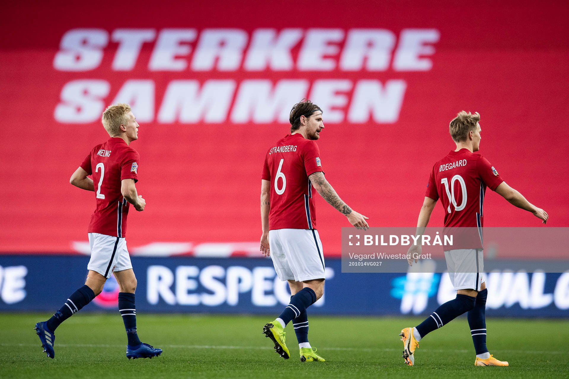 Birger Meling, Stefan Strandberg and Martin Ødegaard of Norway celebrate after 1-0 during the UEFA Nations League football match between Norway and Northern Ireland on October 14, 2020 in Oslo.