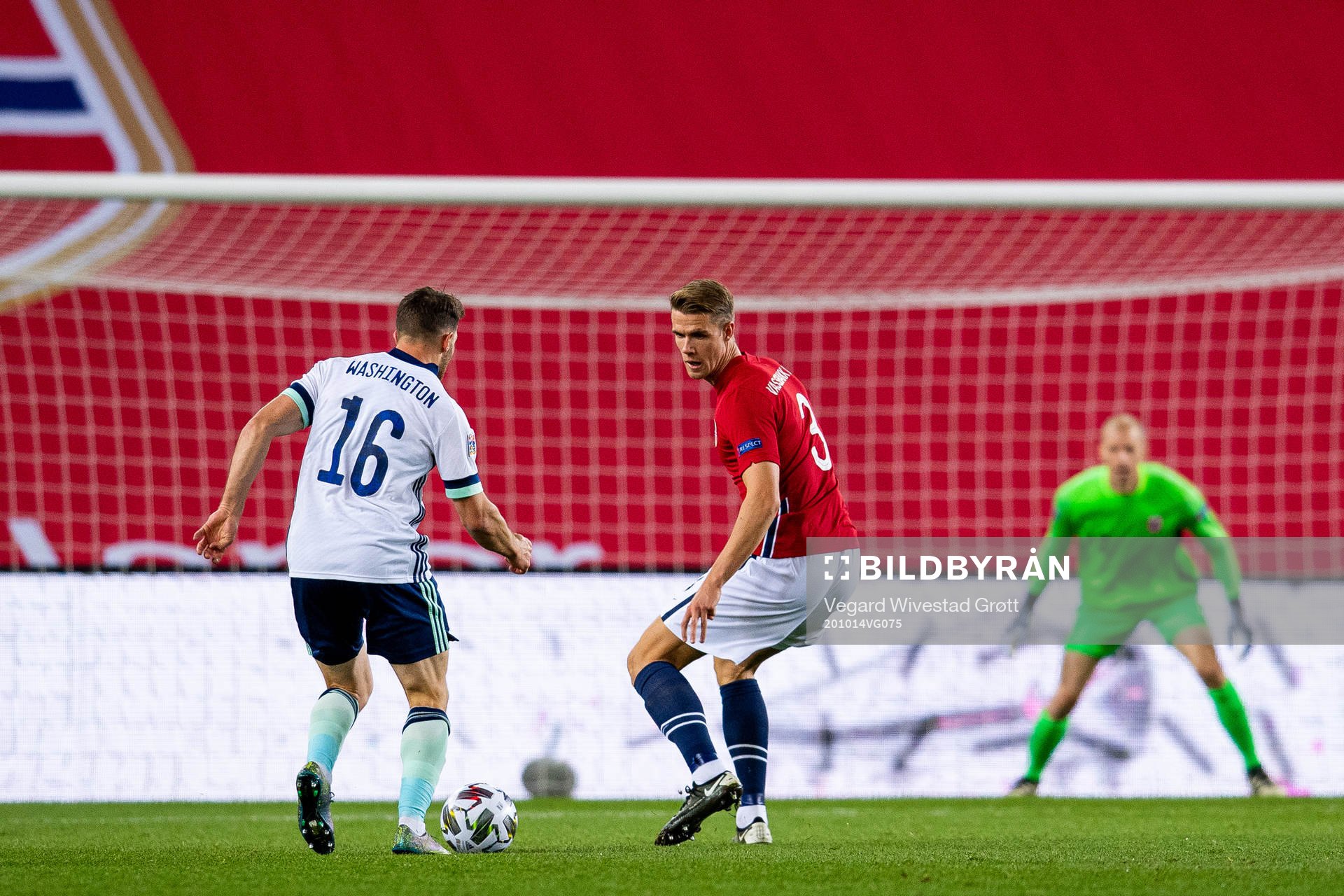 Conor Washington of Northern Ireland and Kristoffer Ajer of Norway the UEFA Nations League football match between Norway and Northern Ireland on October 14, 2020 in Oslo.