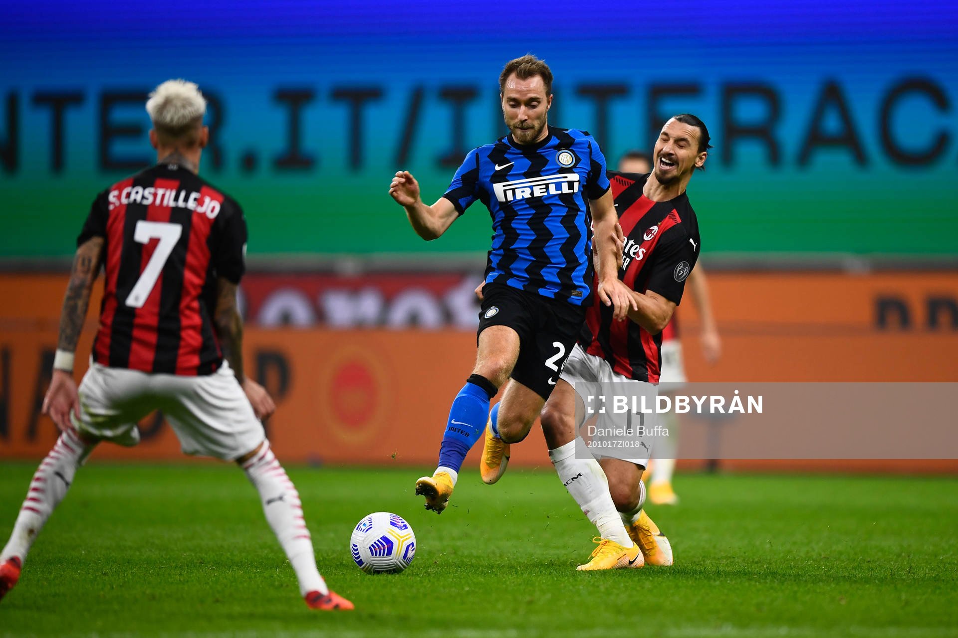 Zlatan Ibrahimovic of Milan and Christian Eriksen of Inter during the Serie A football match between Inter and Milan on October 17, 2020 in Milano.