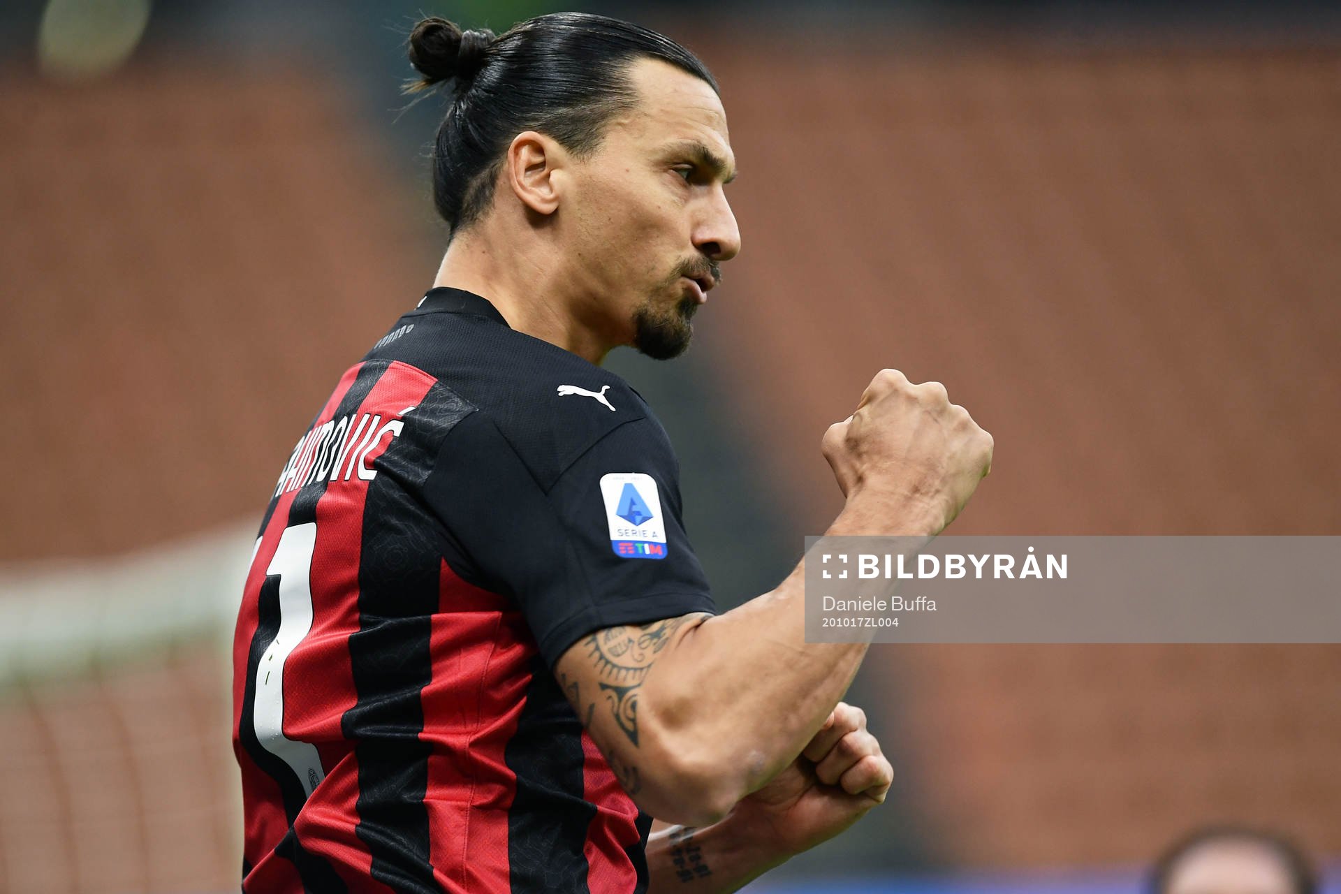 Zlatan Ibrahimovic of Milan celebrates scoring his first goal during the Serie A football match between Inter and Milan on October 17, 2020 in Milano.