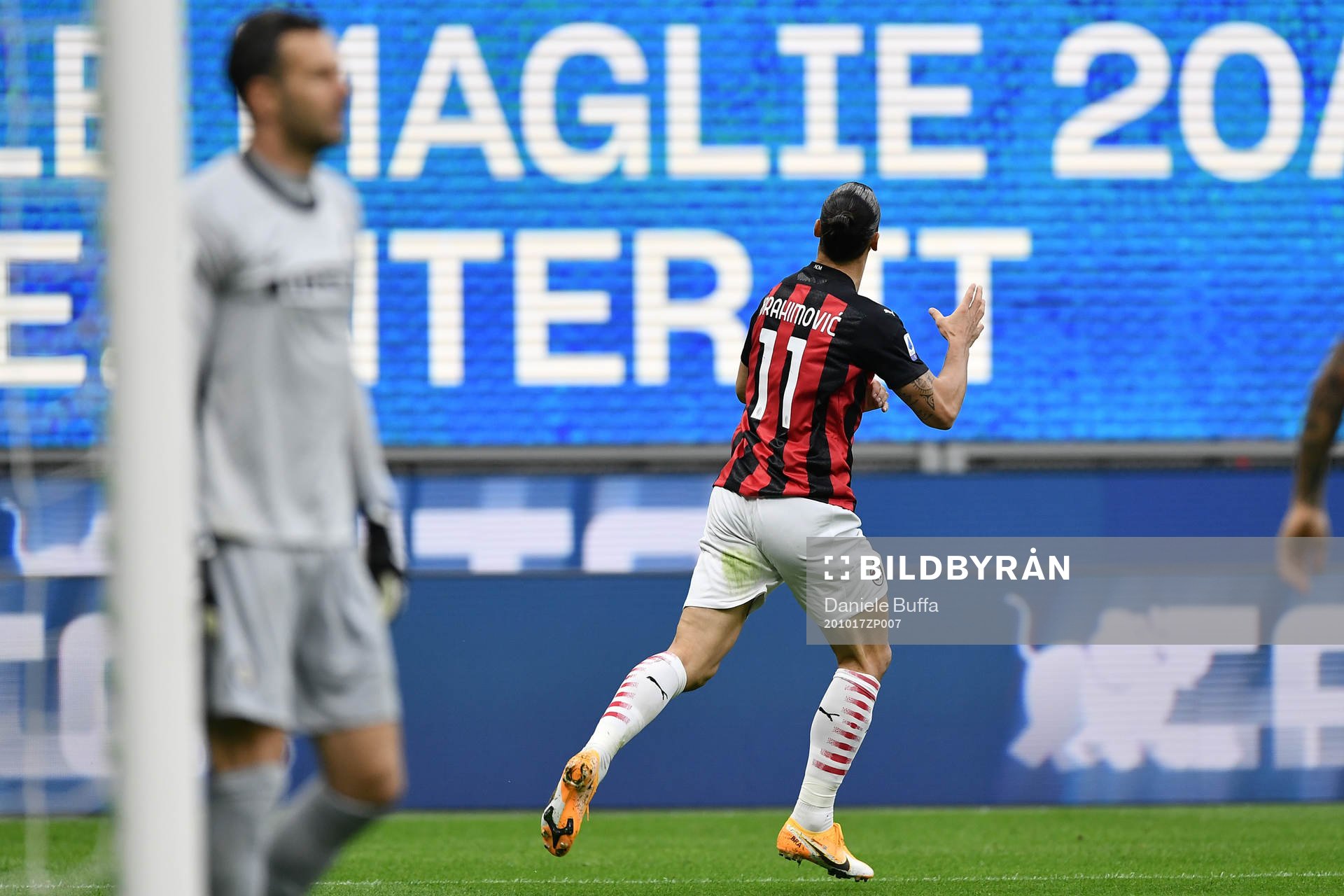 Zlatan Ibrahimovic of Milan celebrates scoring his second goal during the Serie A football match between Inter and Milan on October 17, 2020 in Milano.