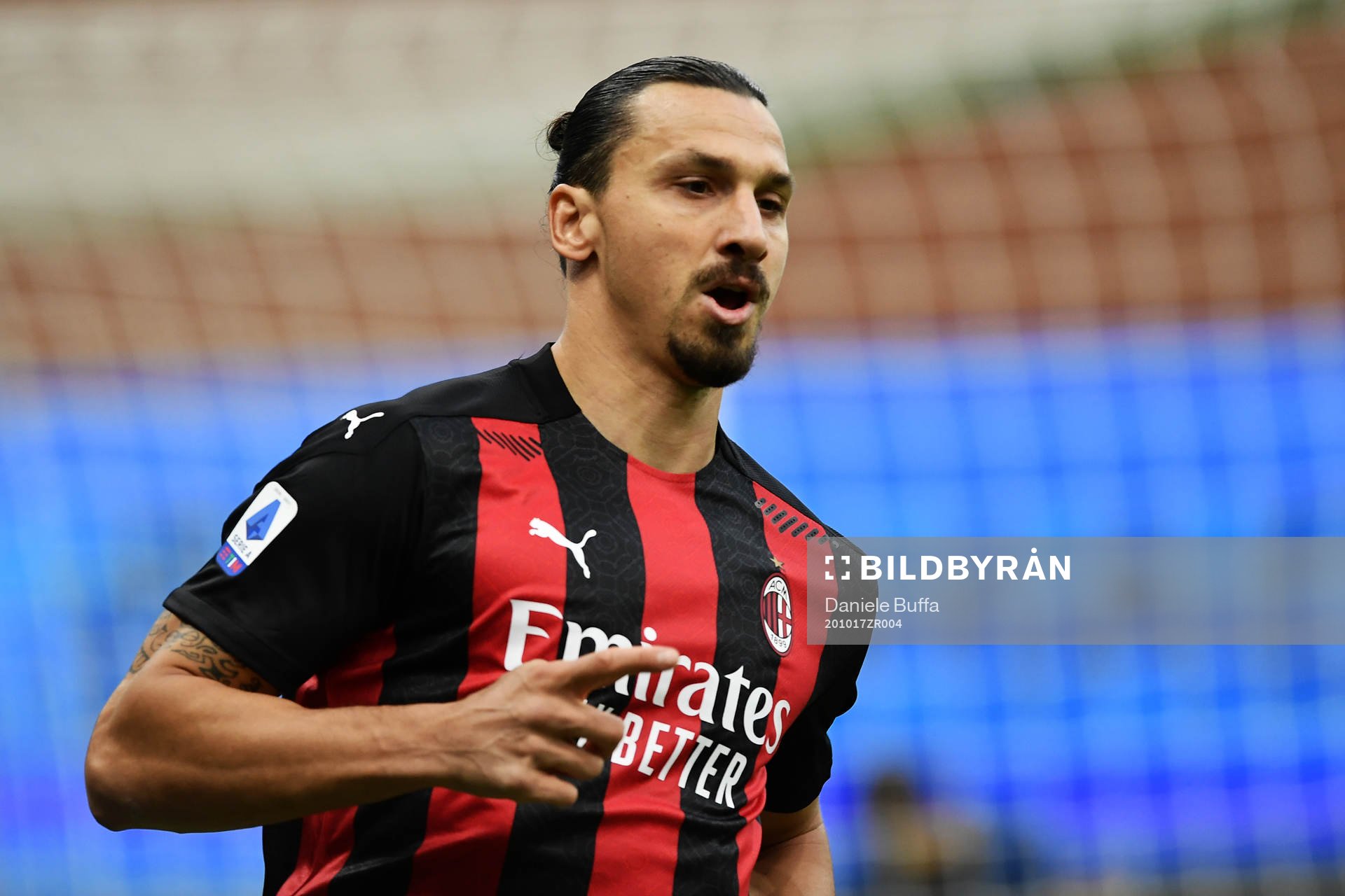Zlatan Ibrahimovic of Milan celebrates scoring his first goal during the Serie A football match between Inter and Milan on October 17, 2020 in Milano.