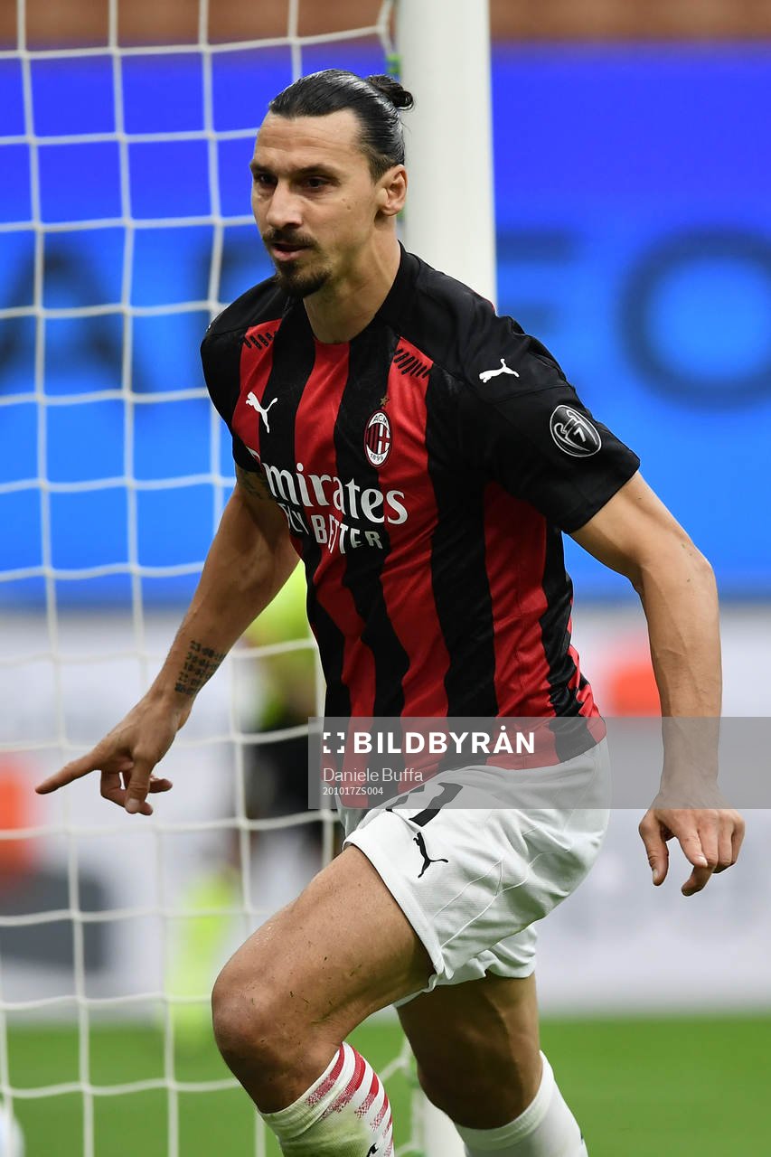 Zlatan Ibrahimovic of Milan celebrates scoring his first goal during the Serie A football match between Inter and Milan on October 17, 2020 in Milano.