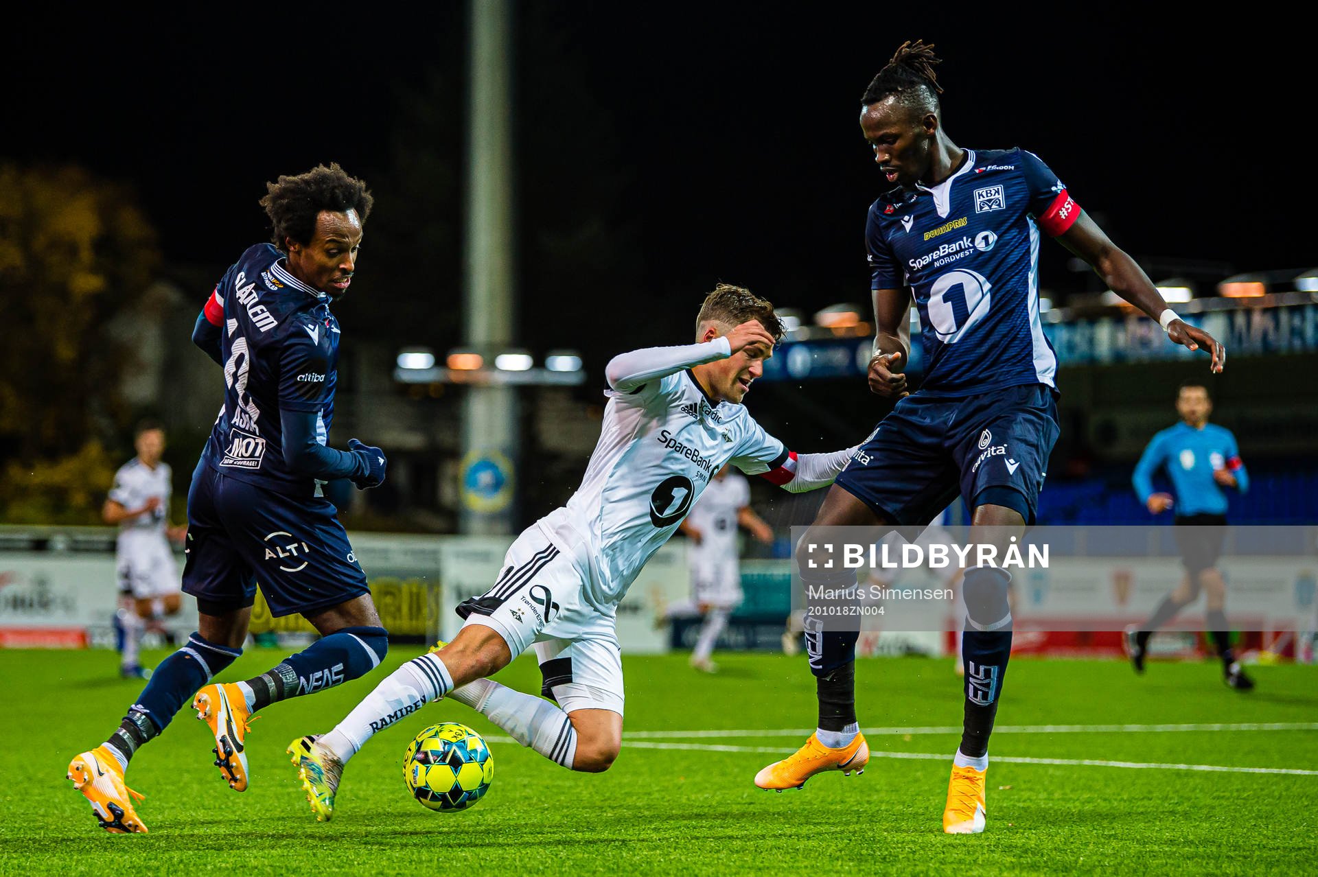 Amin Soleiman Askar of Kristiansund, Carl Johan Holse Justesen of Rosenborg and Amidou Diop of Kristiansund during the Eliteserien match between Kristiansund and Rosenborg on October 18, 2020 in Kristiansund.