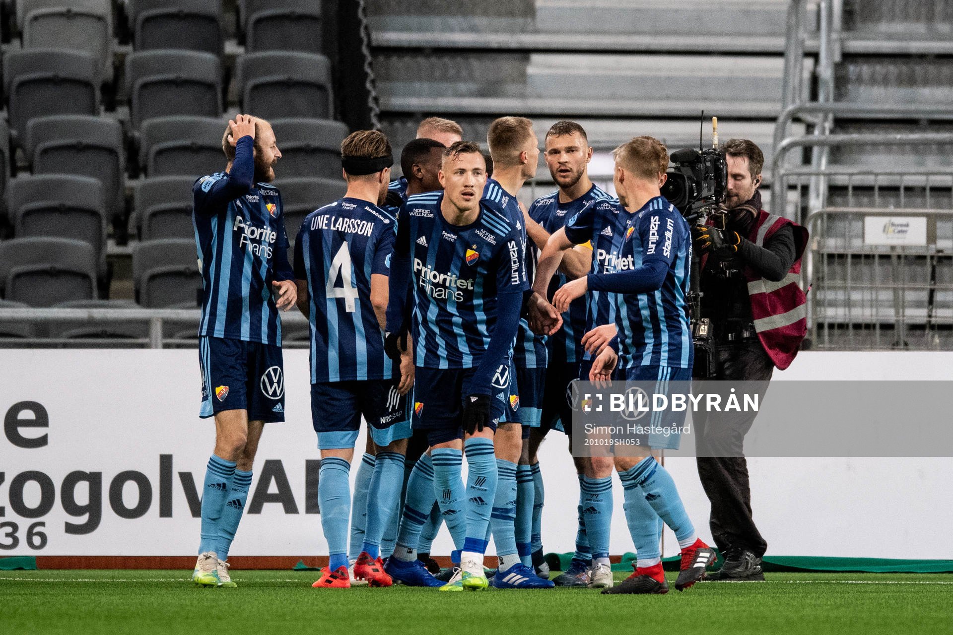 Djurgårdens spelare jublar efter 3-2 under fotbollsmatchen i Allsvenskan mellan Djurgården och Malmö FF den 19 oktober 2020 i Stockholm.