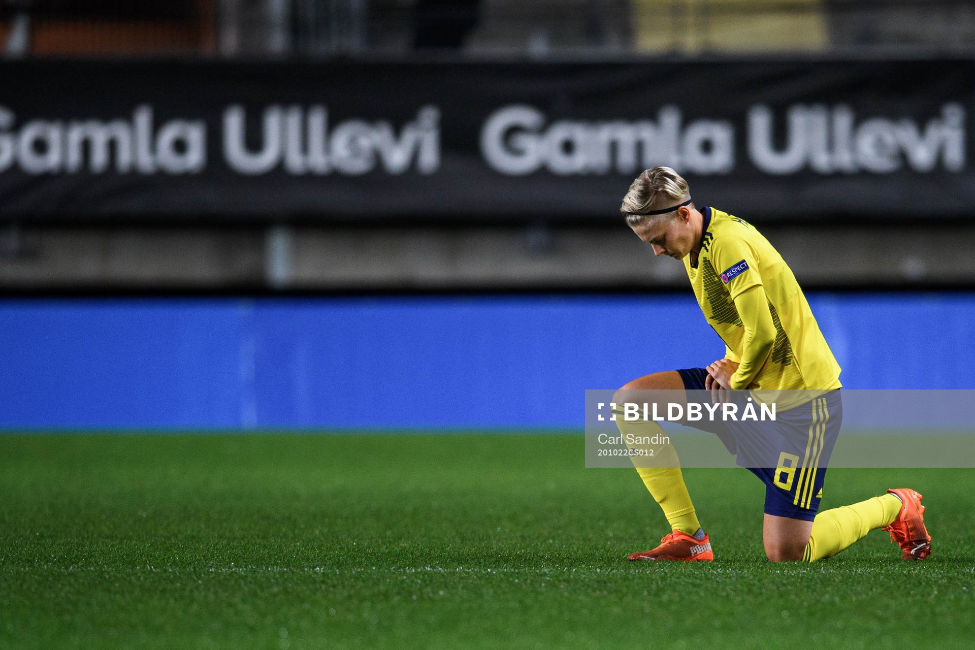 Lina Hurtig of Sweden kneels in support of the Black Lives