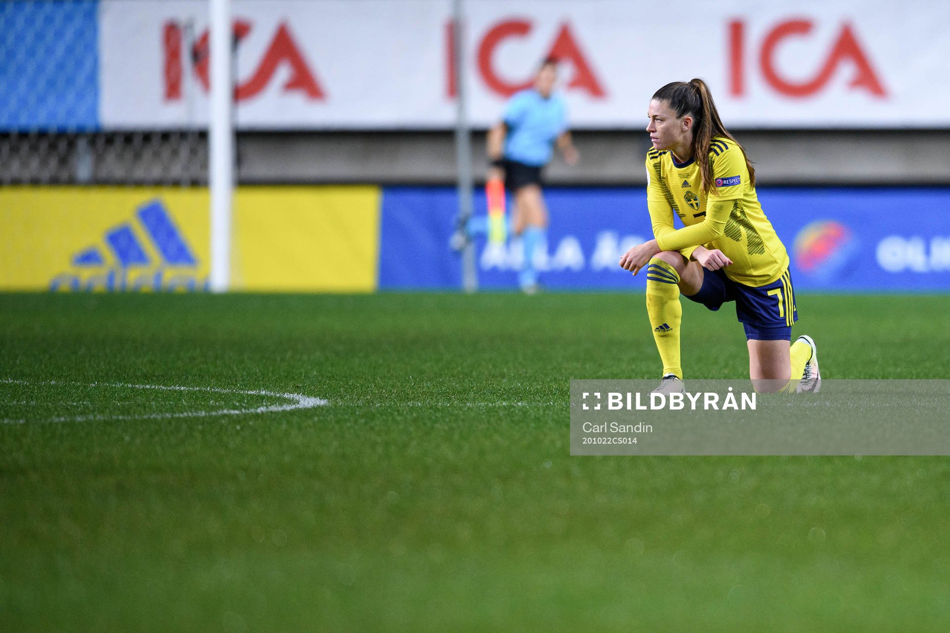 Pauline Hammarlund of Sweden kneels in support of the