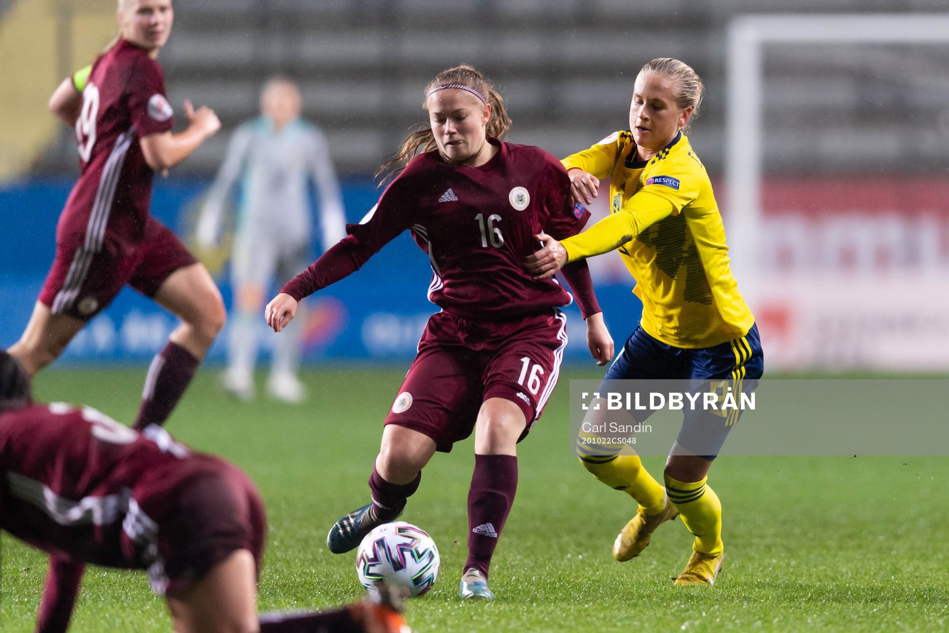 Ligita Tumane of Latvia and Filippa Curmark of Sweden during the UEFA Women's Euro Qualifier football match between Sweden and Latvia on October 22, 2020 in Gothenburg.