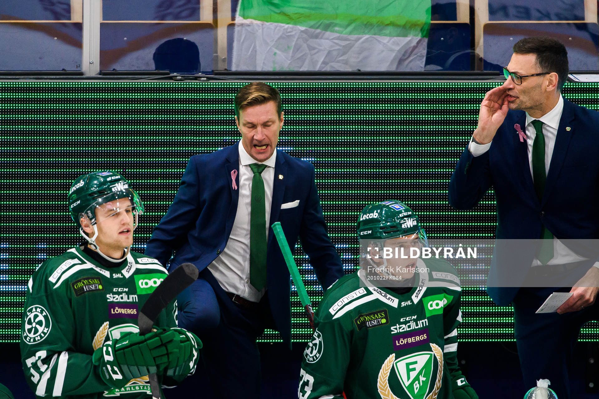 Färjestads Adam Ginning, huvudtränare Johan Pennerborn,