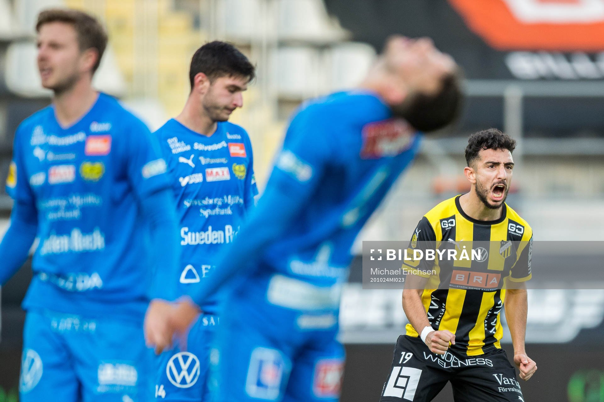 Häckens Daleho Irandust jublar efter 1-2 målet under fotbollsmatchen i Allsvenskan mellan Häcken och Mjällby den 24 oktober 2020 i Göteborg.