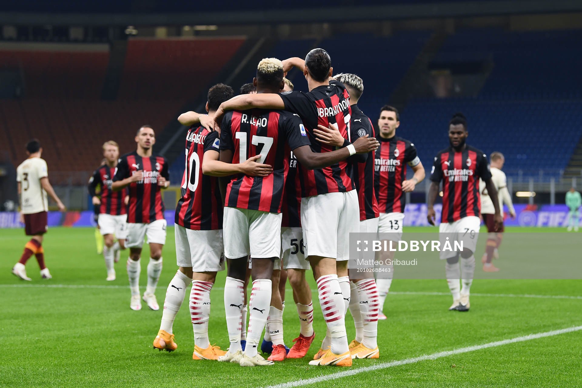 Zlatan Ibrahimovic of Milan celebrate with teammates