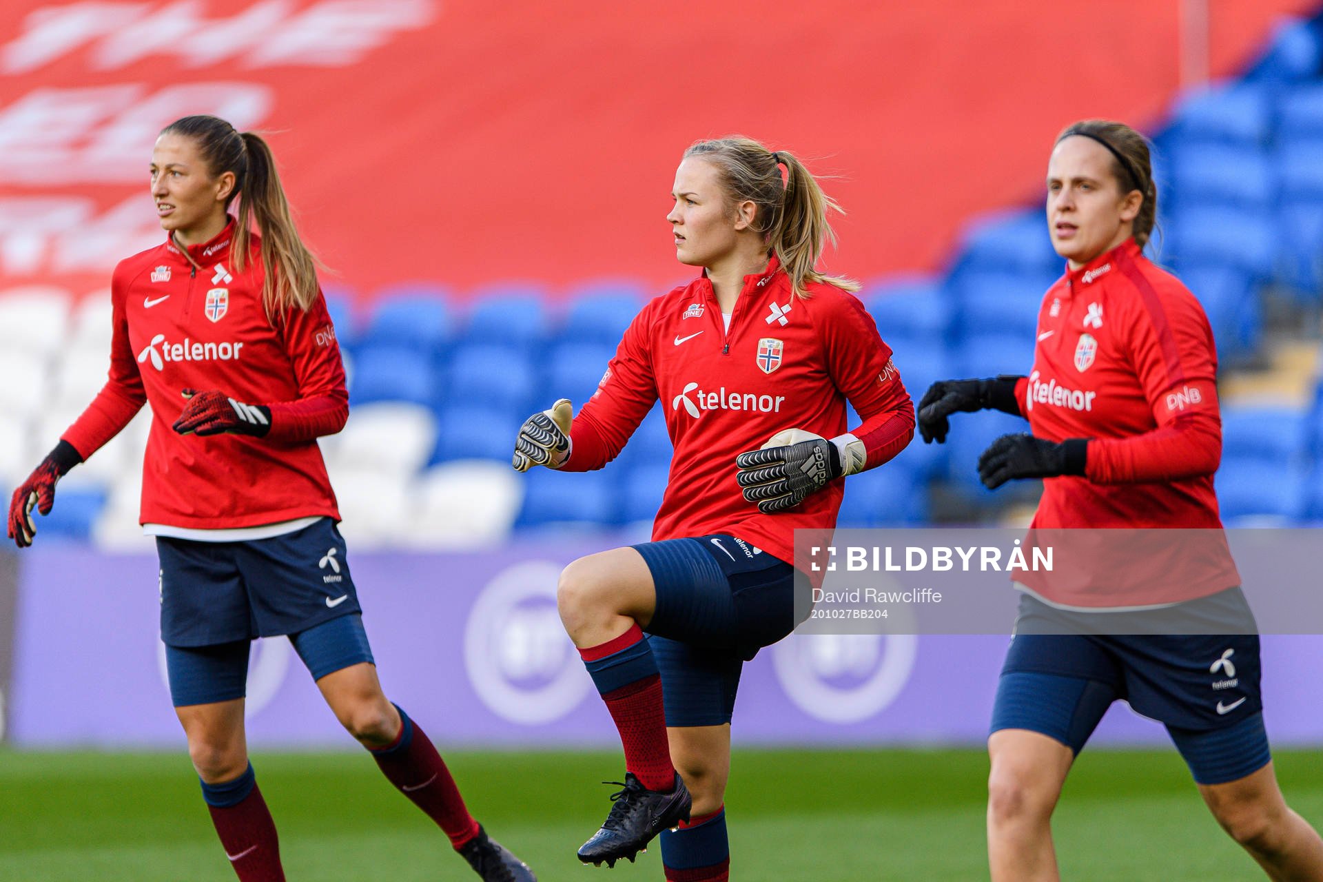 Goalkeepers Cecilie Fiskerstrand, Oda Bogstad and Ida Norstrøm of Norway ahead of the UEFA Women's Euro Qualifier football match between Wales and Norway on October 27, 2020 in Cardiff.