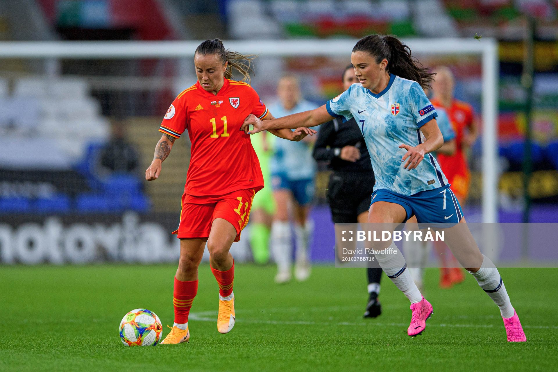 Natasha Harding of Wales and Ingrid Syrstad Engen of Norway during the UEFA Women's Euro Qualifier football match between Wales and Norway on October 27, 2020 in Cardiff.

