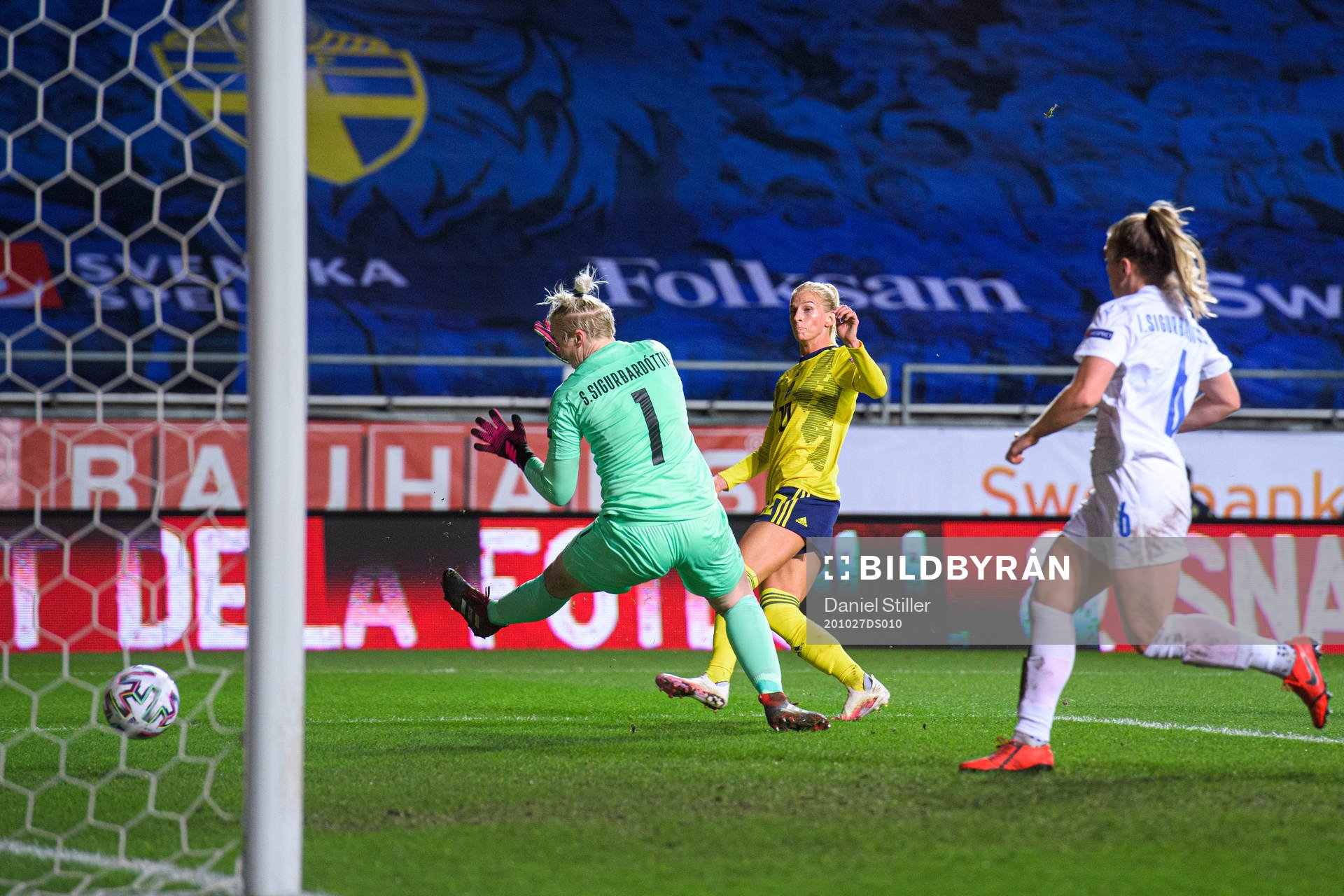 Sofia Jakobsson of Sweden scores the 1-0 goal behind