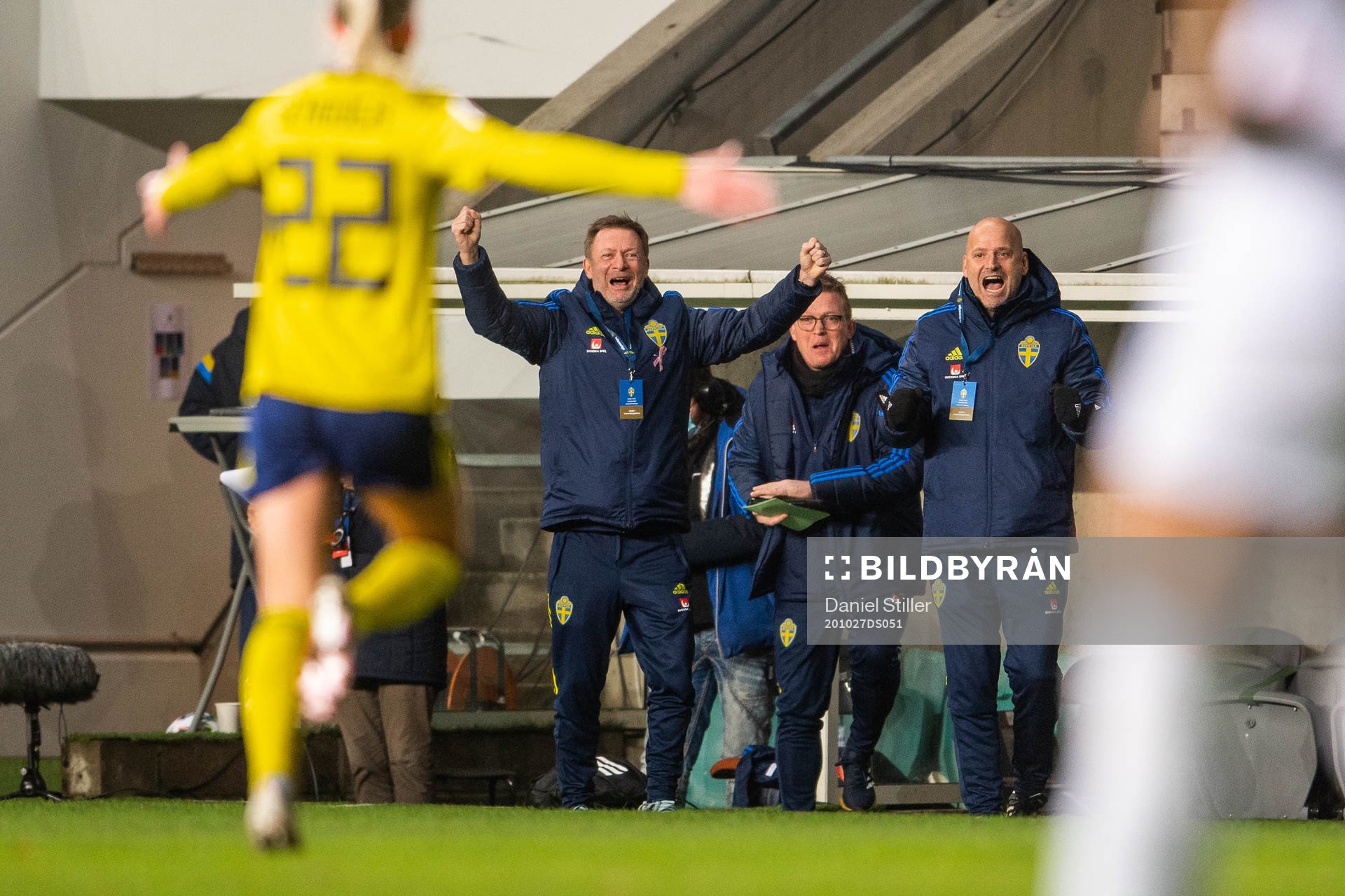 Peter Gerhardsson, head coach of Sweden, celebrates after Olivia Schough scores 2-0 during the UEFA Women's Euro Qualifier football match between Sweden and Iceland on October 27, 2020 in Gothenburg.