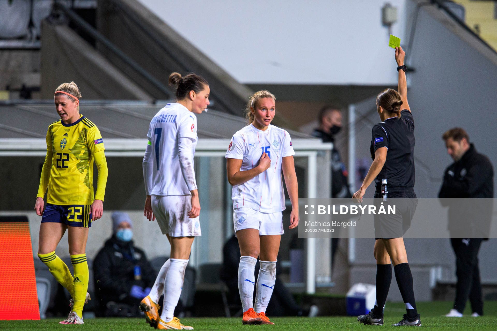 Alexandra Jóhannsdóttir of Iceland receives a yellow card