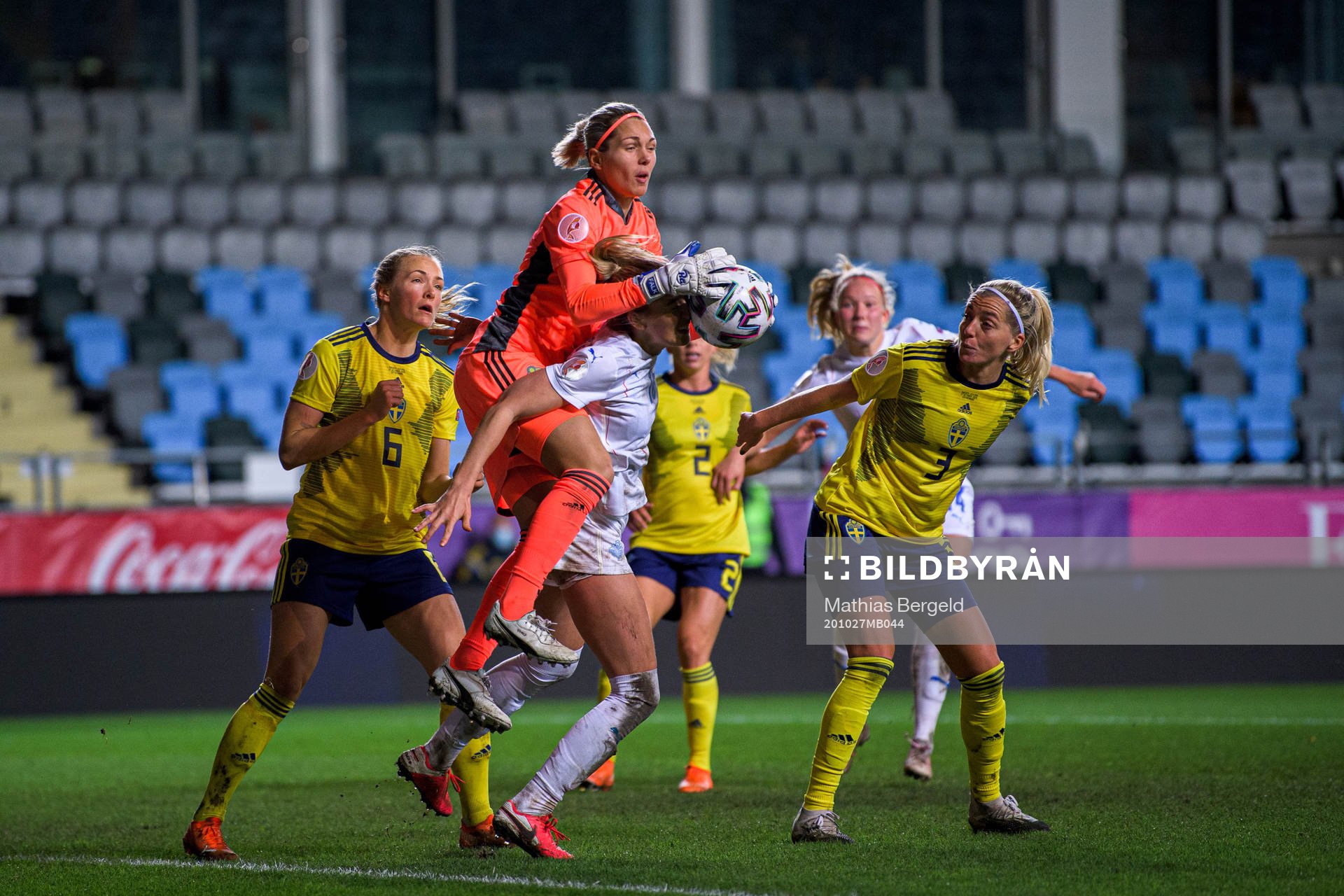 Goalkeeper Jennifer Falk of Sweden and Elín Metta Jensen
