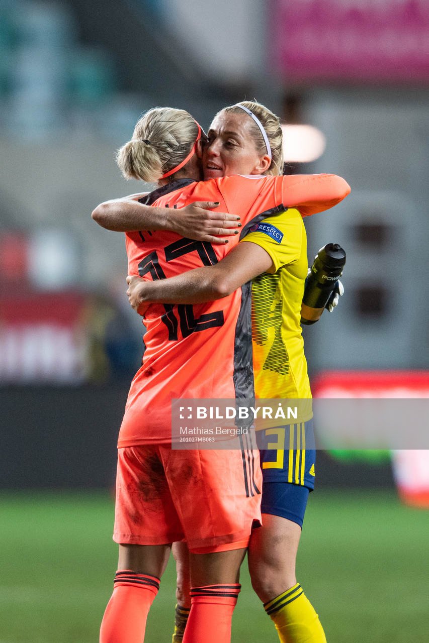 Goalkeeper Jennifer Falk and Linda Sembrant of Sweden