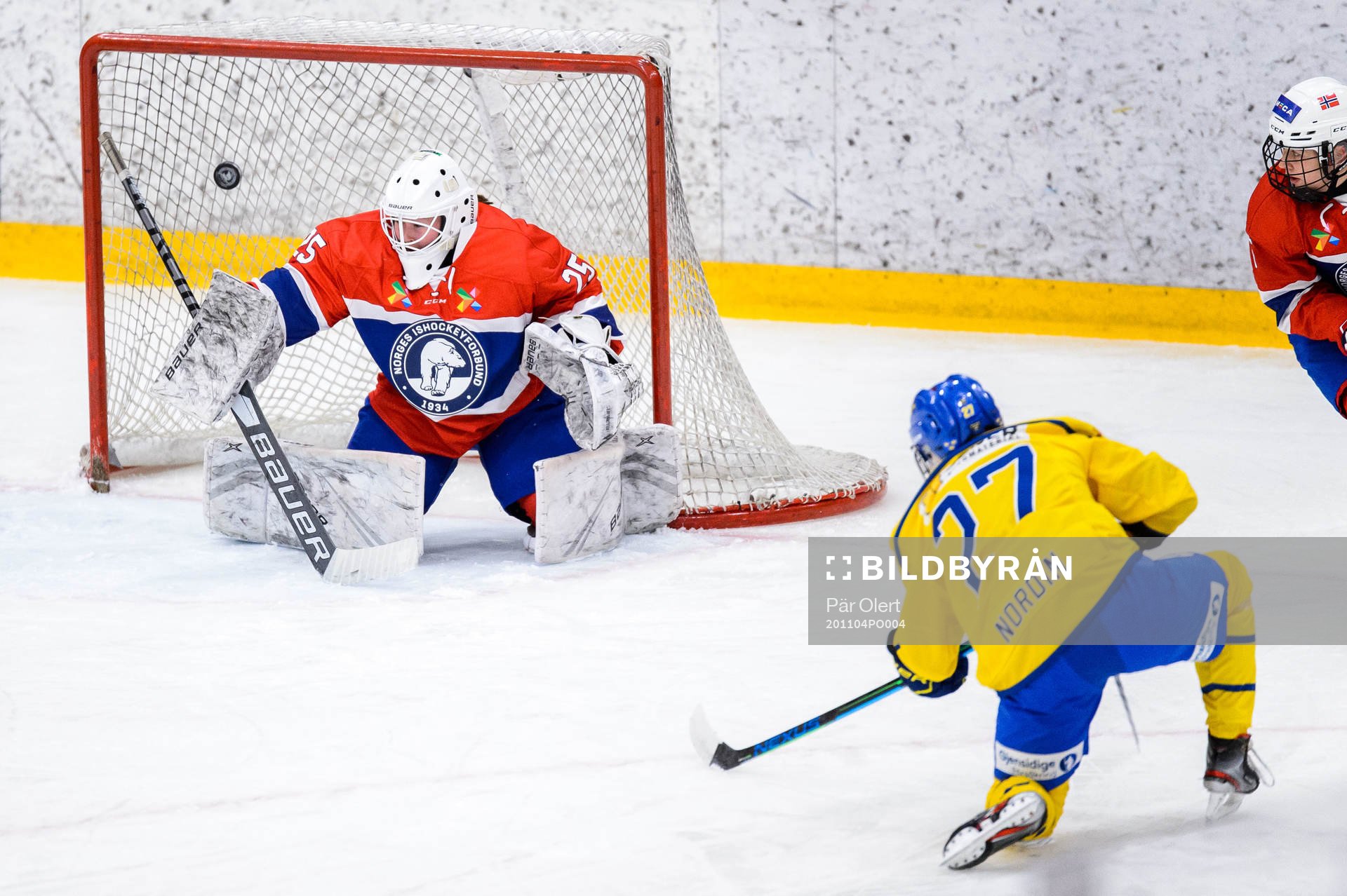 Emma Nordin of Sweden scores 1-0 behind goalkeeper Kaja