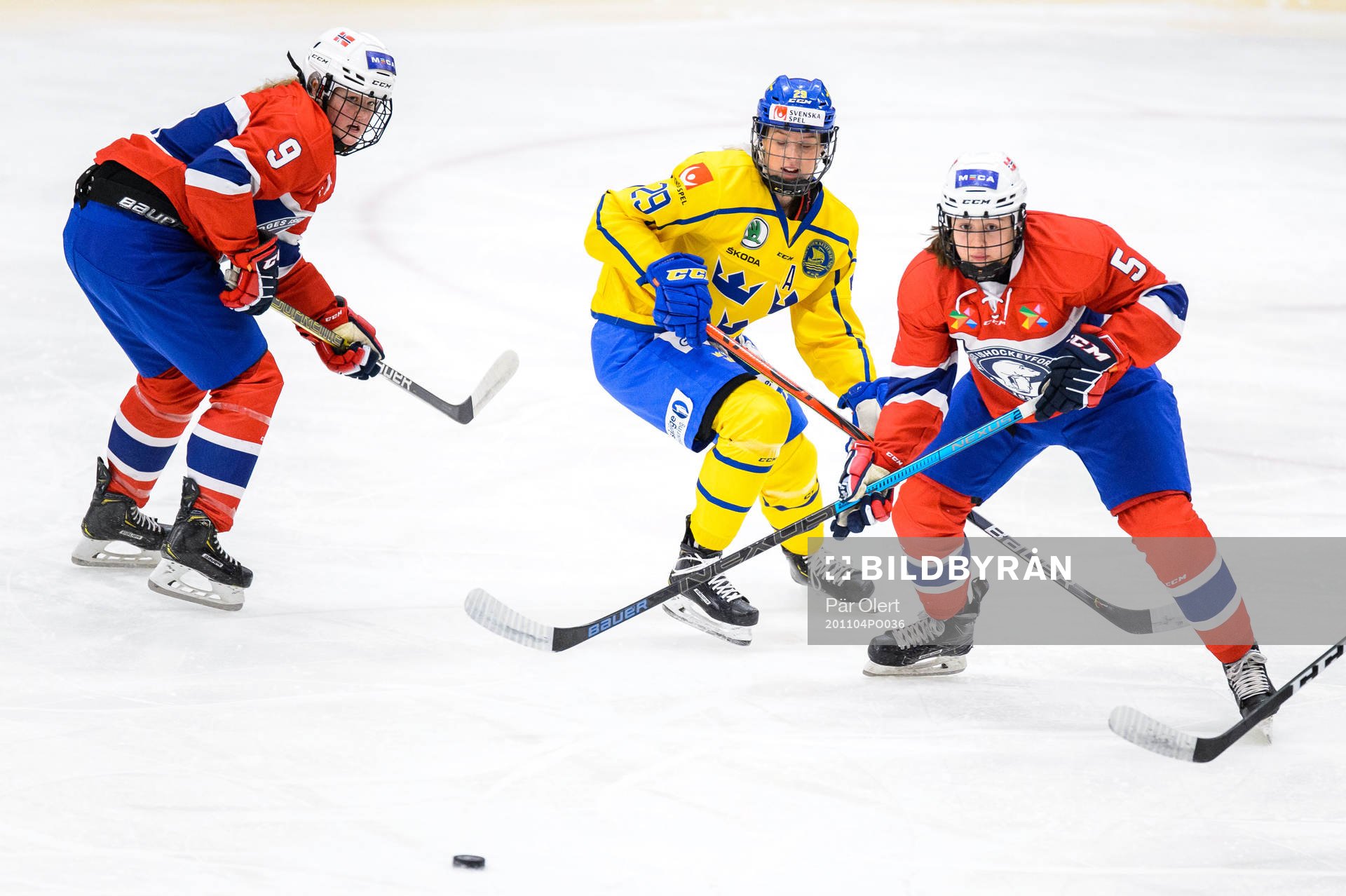 Olivia Carlsson of Sweden against goalkeeper Silje Johansen