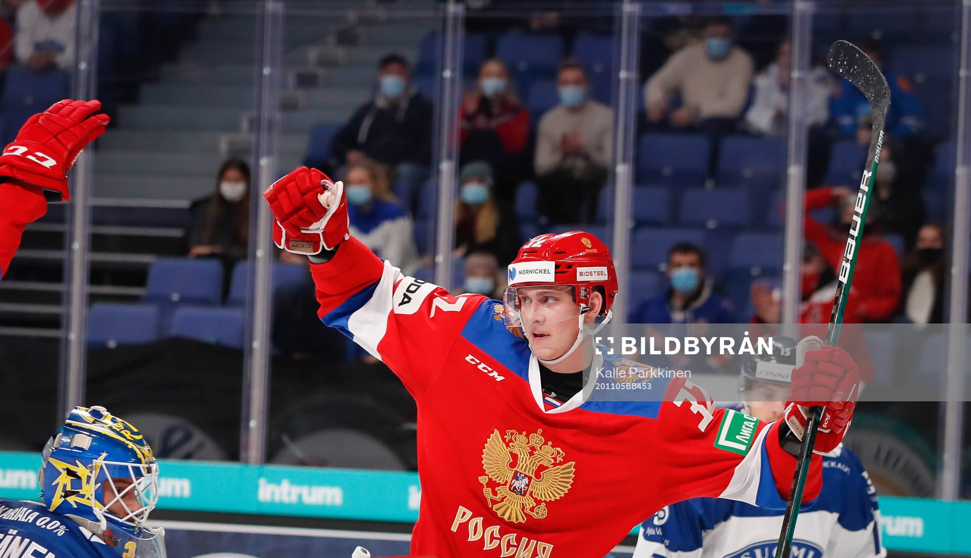 Ilya Safonov #32, RUS celebrating 3-0 goal against Finland