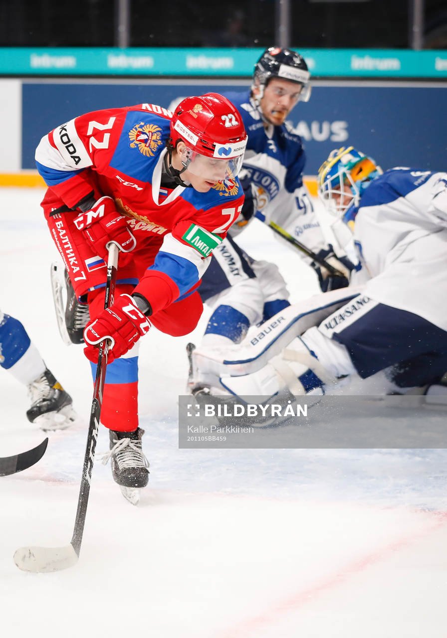 Marat Khusnutdinov #22, RUS scores 2-0 goal behind Finlands