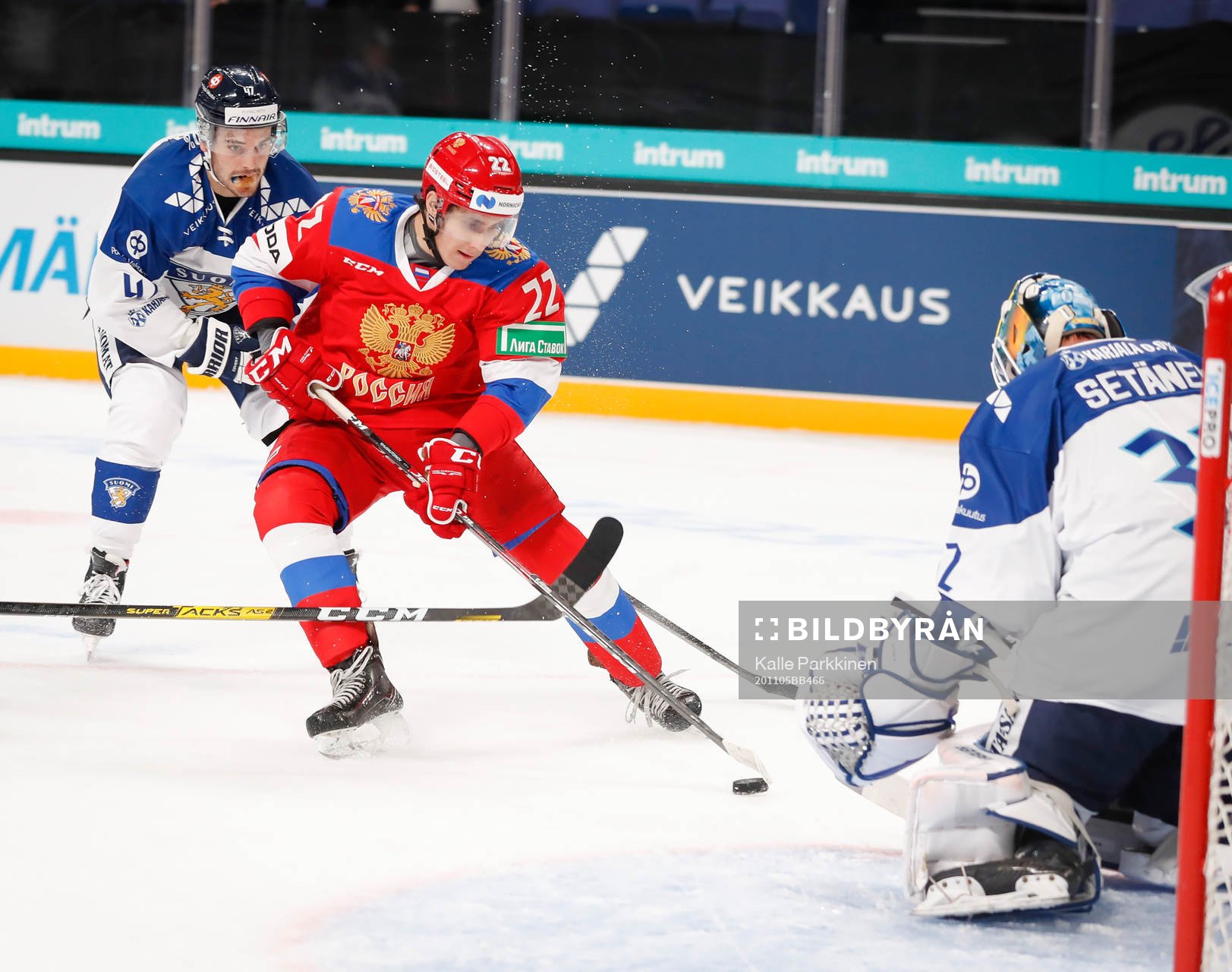 Marat Khusnutdinov #22, RUS scores 2-0 goal behind Finlands