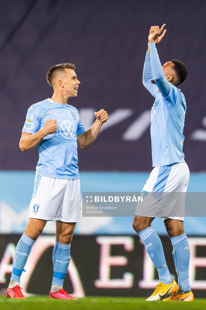 Malmö FFs Jonas Knudsen jublar med Isaac Kiese Thelin