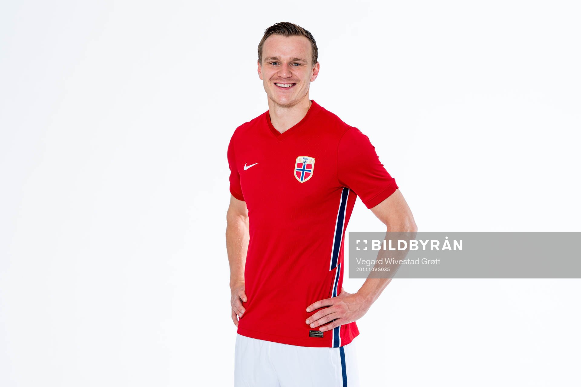 Marius Lode of the Norwegian national football team poses