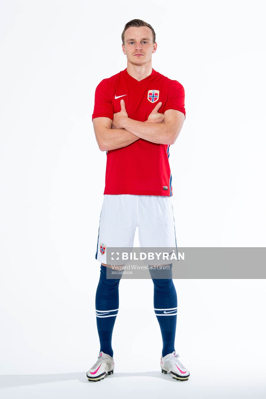 Marius Lode of the Norwegian national football team poses