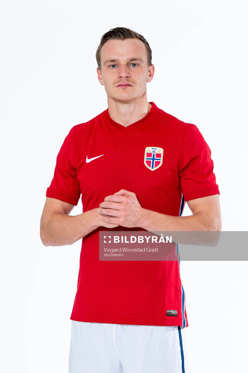 Marius Lode of the Norwegian national football team poses