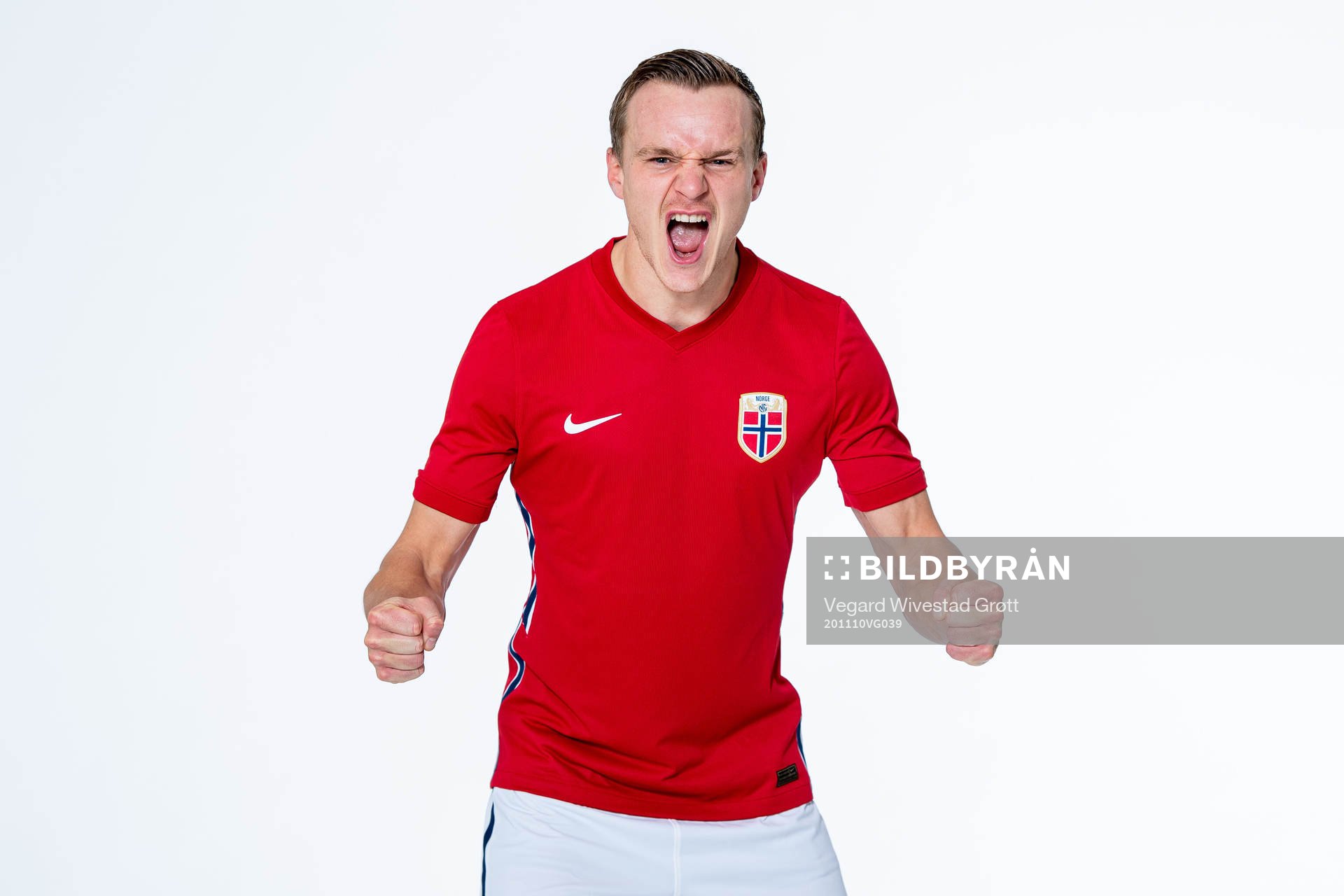 Marius Lode of the Norwegian national football team poses
