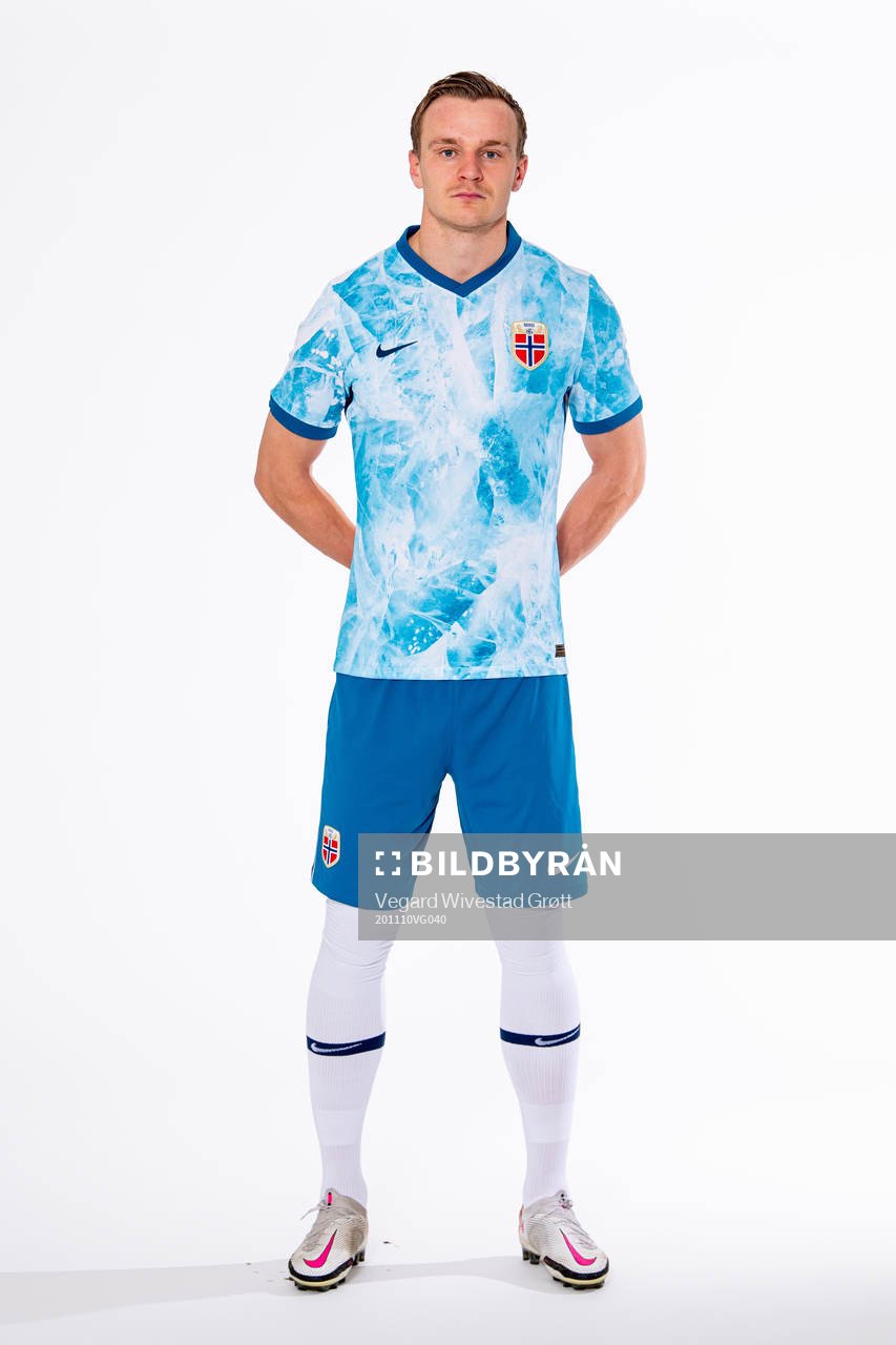 Marius Lode of the Norwegian national football team poses