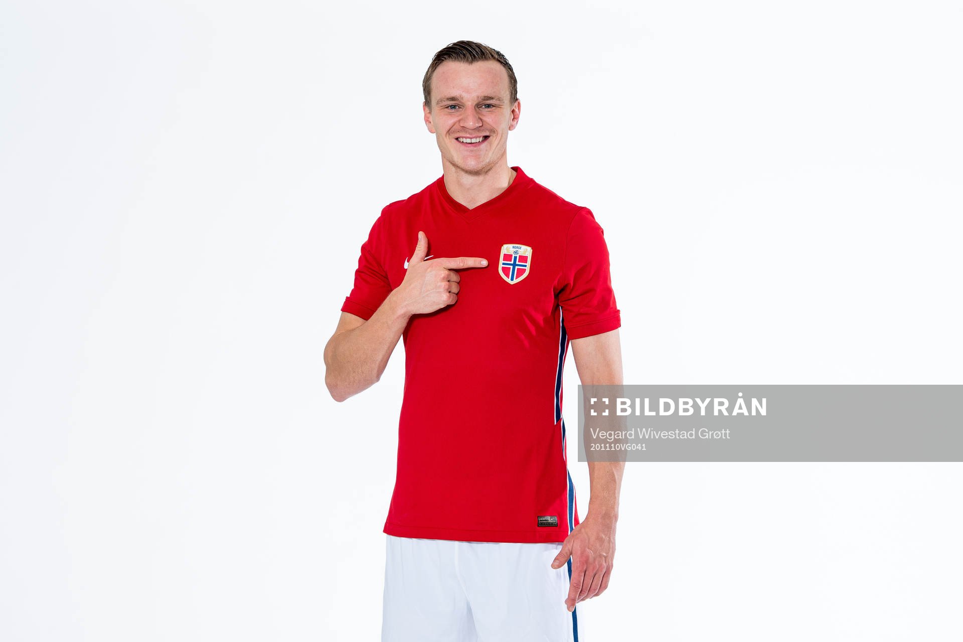 Marius Lode of the Norwegian national football team poses