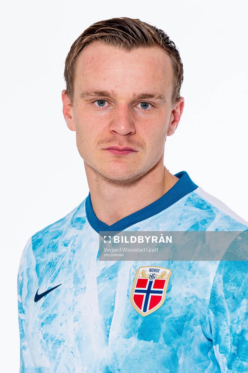Marius Lode of the Norwegian national football team poses