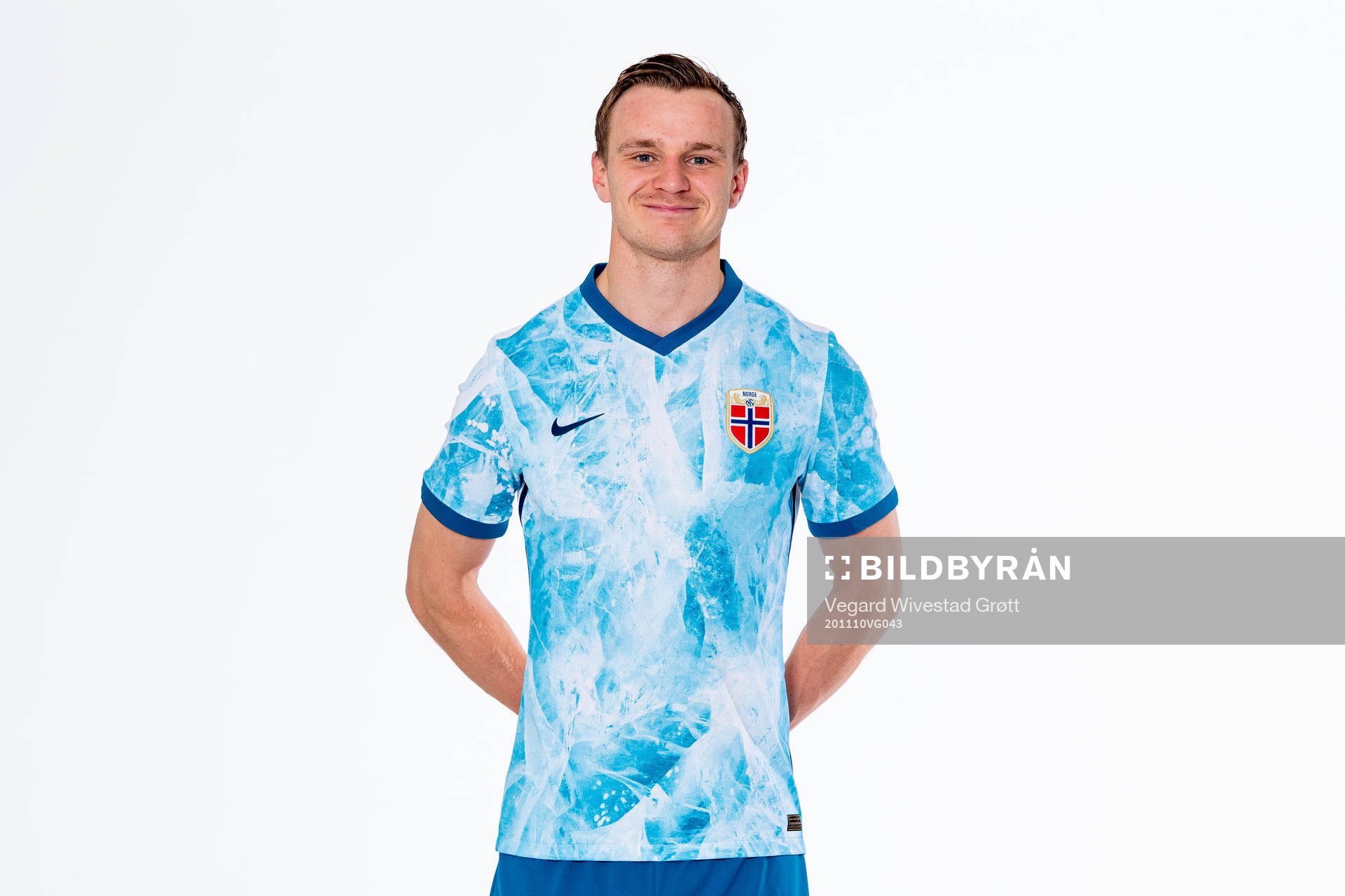 Marius Lode of the Norwegian national football team poses
