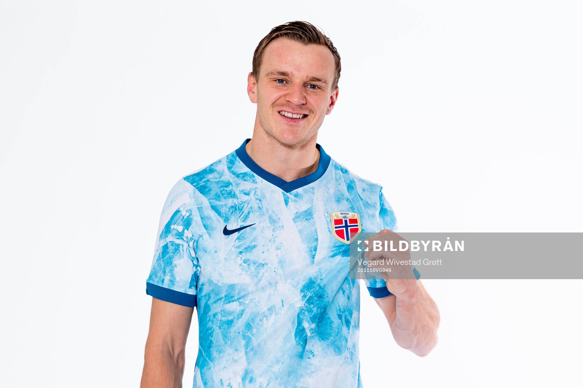 Marius Lode of the Norwegian national football team poses