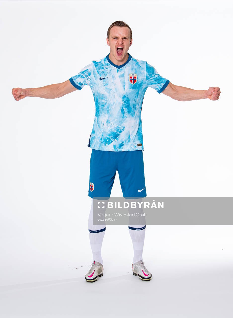 Marius Lode of the Norwegian national football team poses