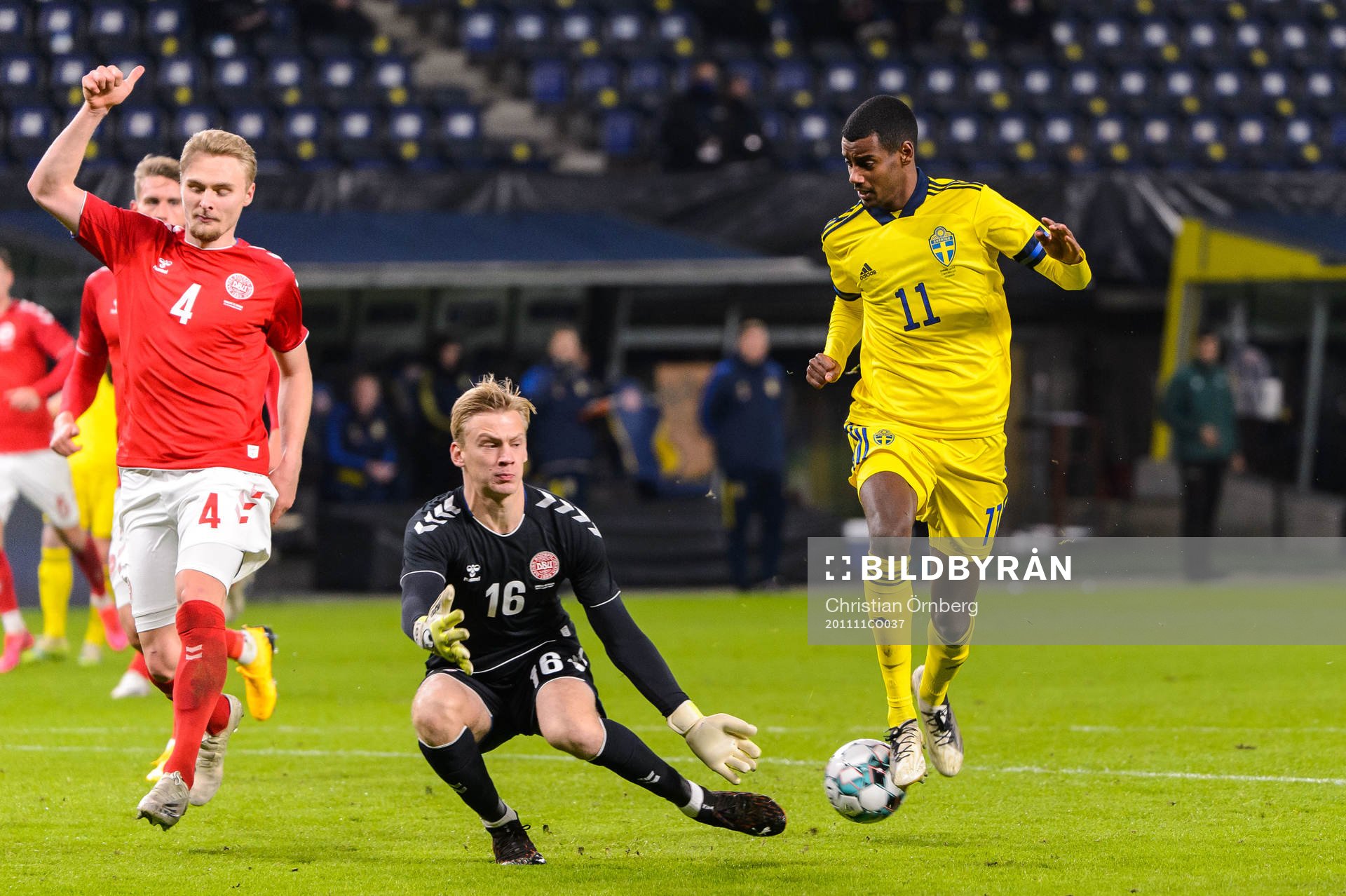 Victor Nelsson and goalkeeper Oliver Christensen of Denmark