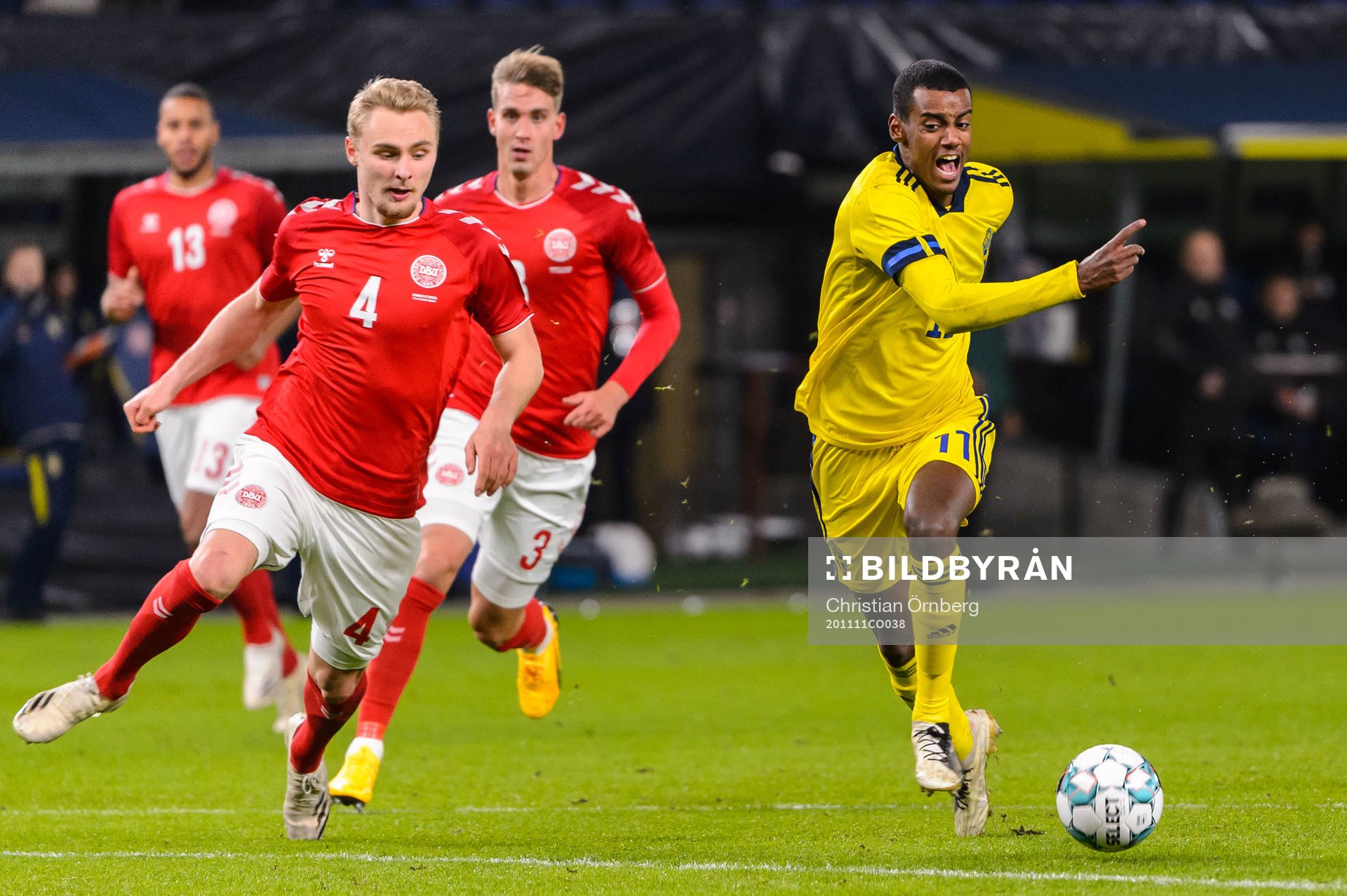 Victor Nelsson of Denmark and Alexander Isak of Sweden