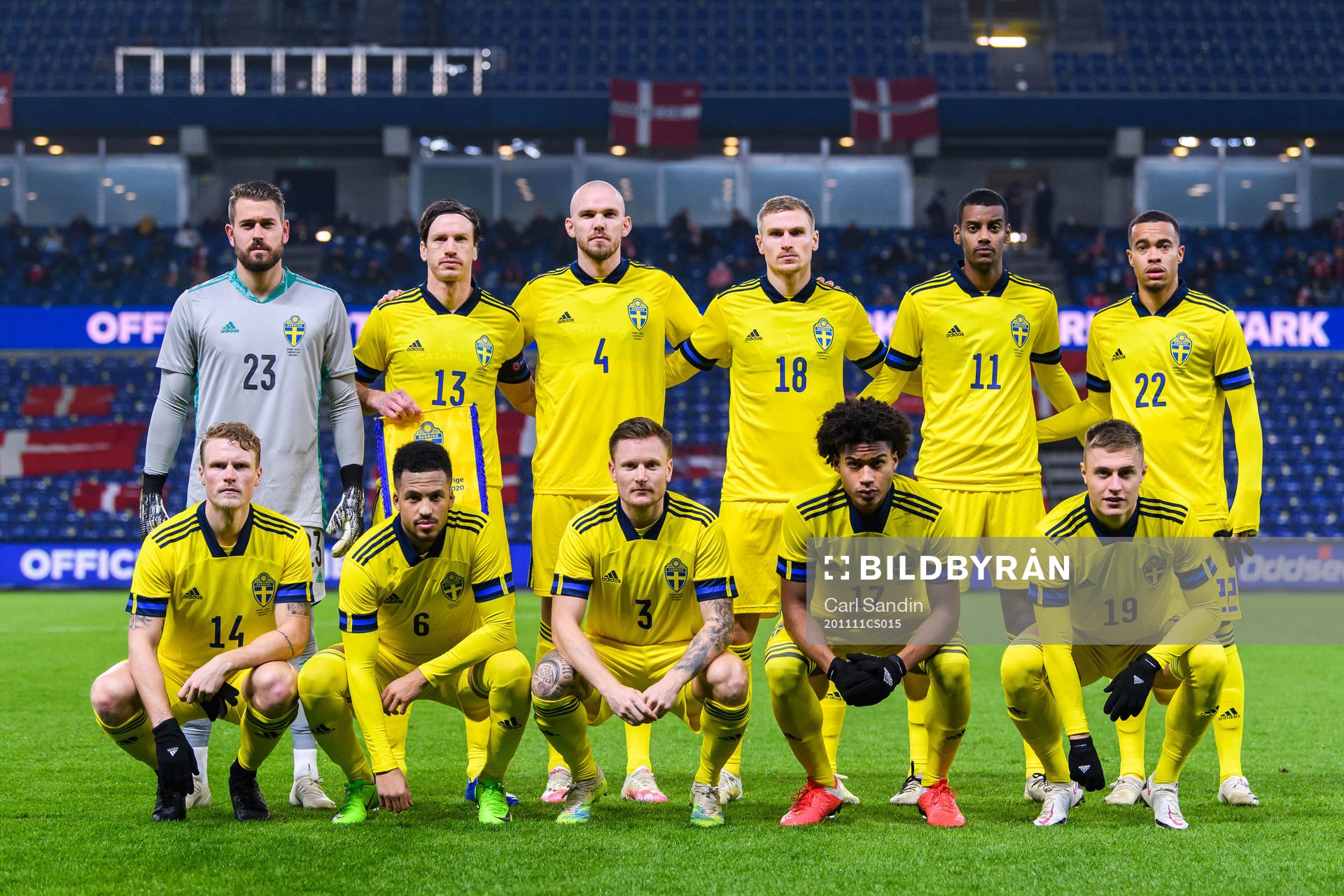 The starting eleven of Sweden pose for a team photo ahead of the international friendly football match between Denmark and Sweden on November 11, 2020 in Brøndby. Top left: goalkeeper Kristoffer Nordfeldt, Gustav Svensson, Marcus Danielson, Carl Starfelt, Alexander Isak, Robin Quaison, Oscar Hiljemark, Martin Olsson, Mattias Johansson, Jens-Lys Cajuste and Mattias Svanberg.

